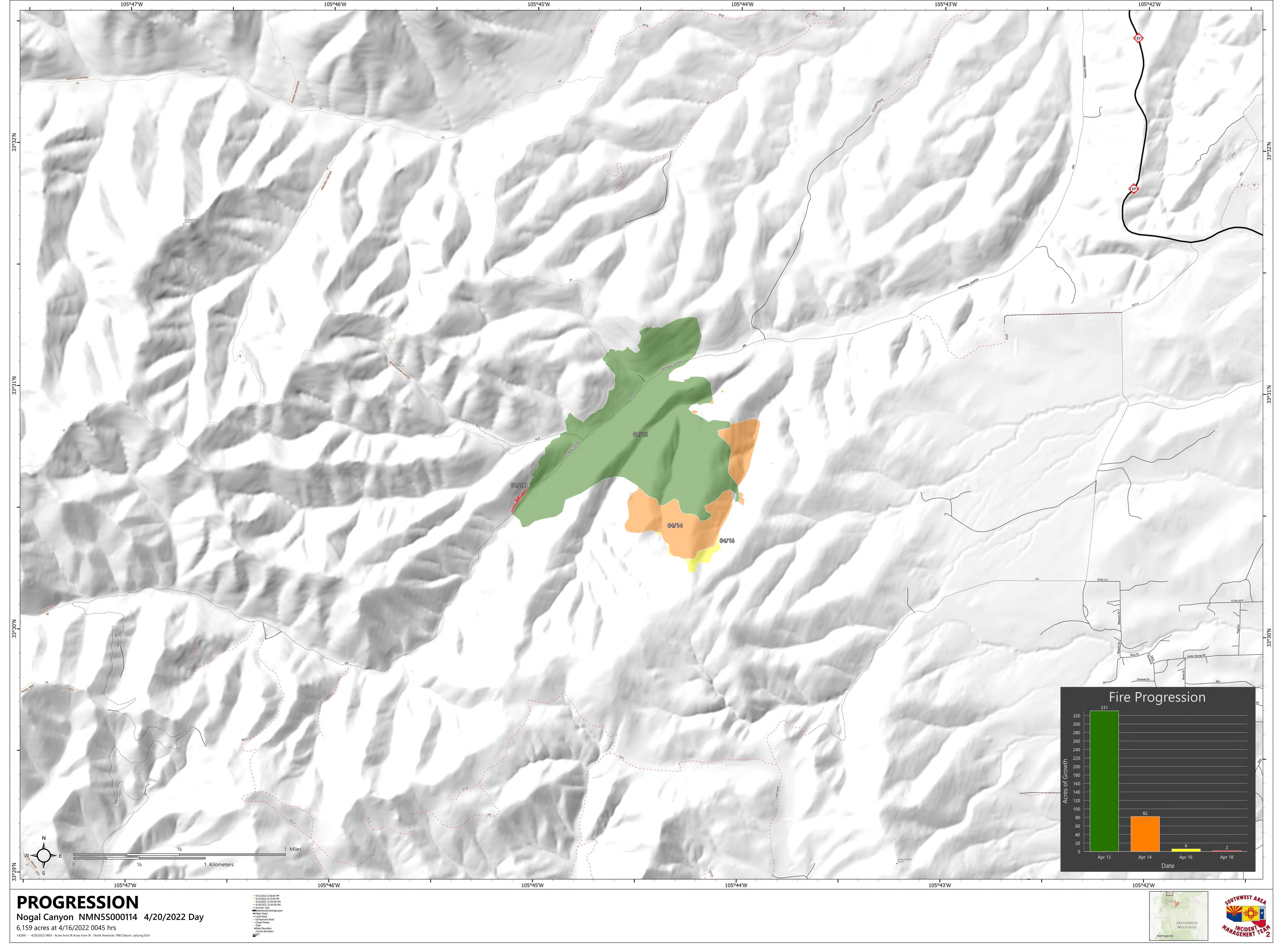 Nogal Canyon Fire Progression Map April 20, 2022