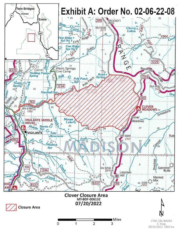 Area Closure Map for Clover Fire