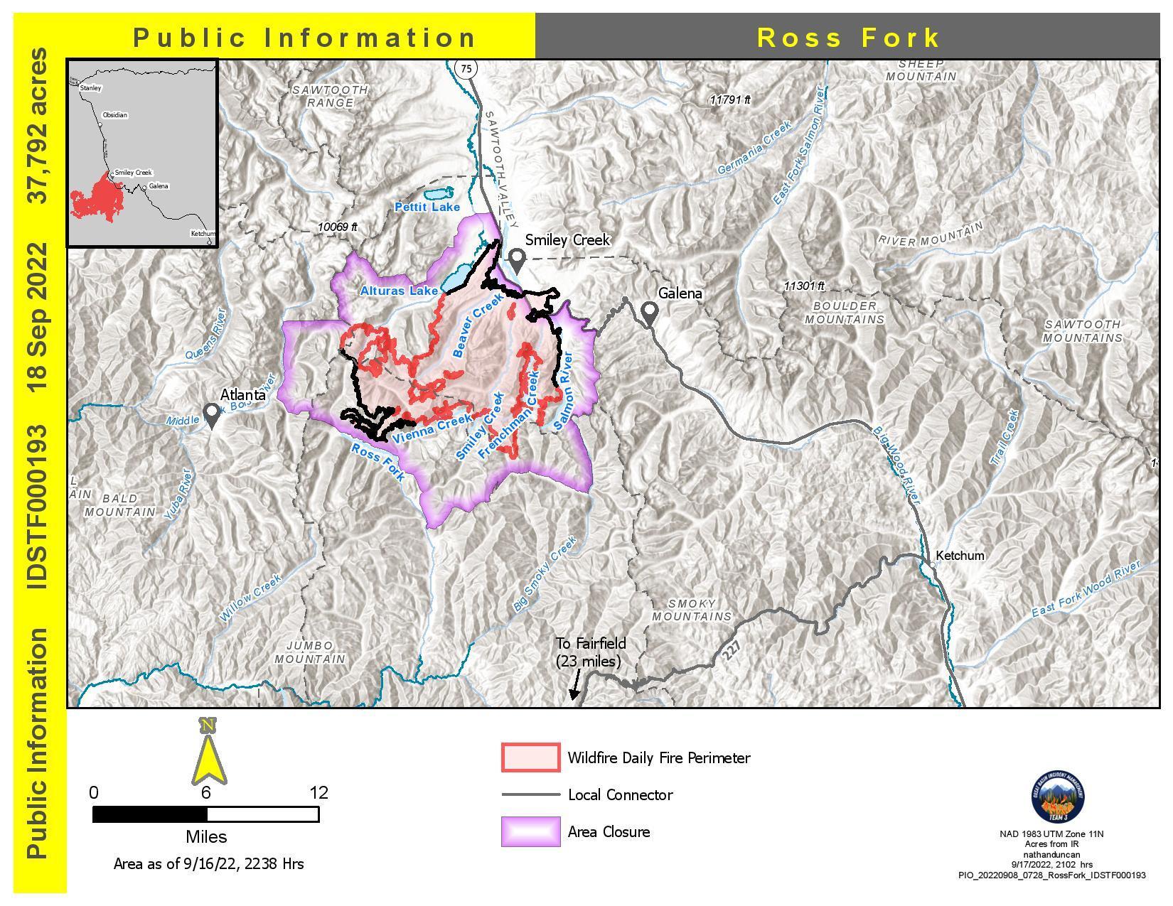 Ross Fork Fire information map, Sunday, Sept 18