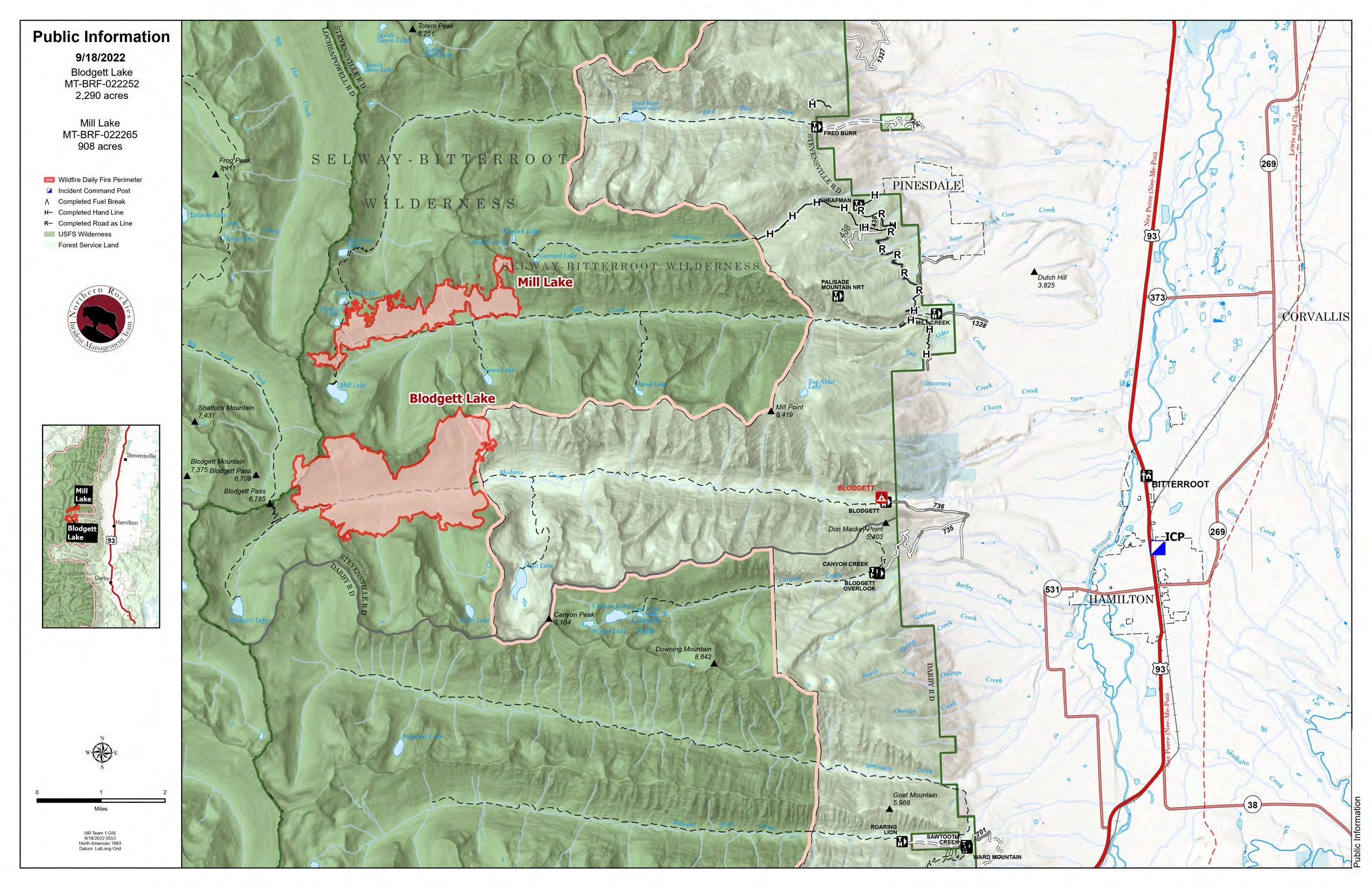 Blodgett Lake & Mill Lake Fire Map Sept 18, 2022