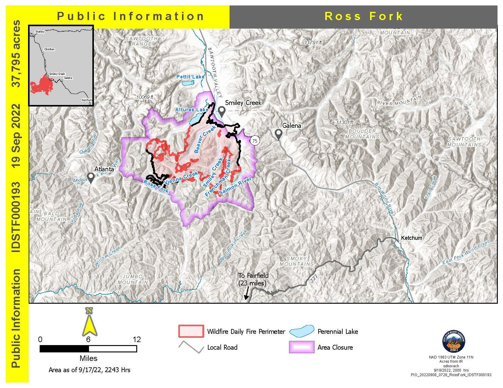 Ross Fork Fire information map, Monday, 9/19