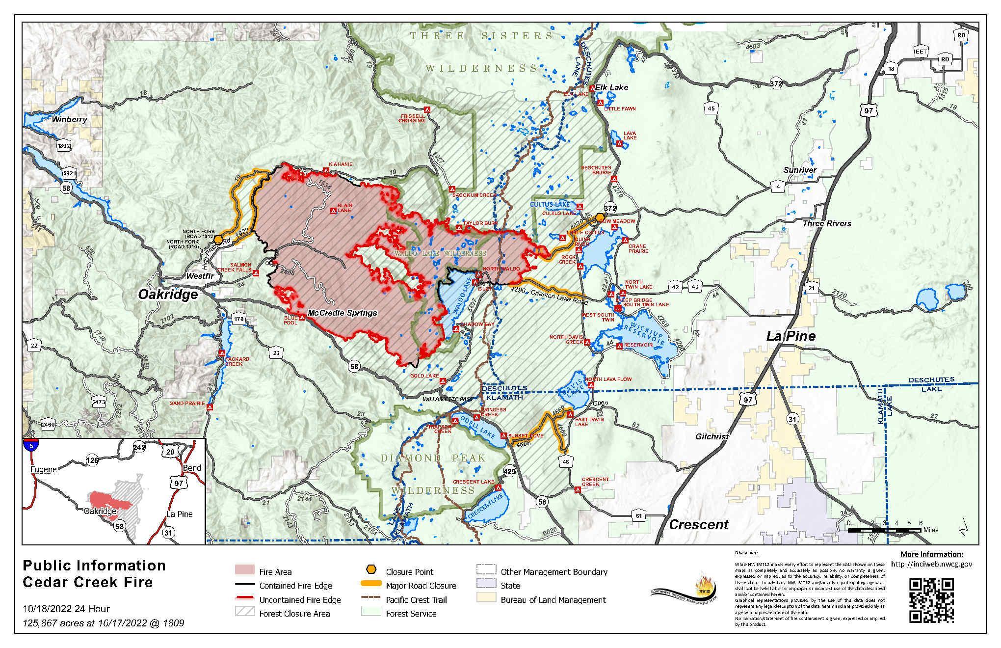 Cedar Creek Fire Map October 18, 2022