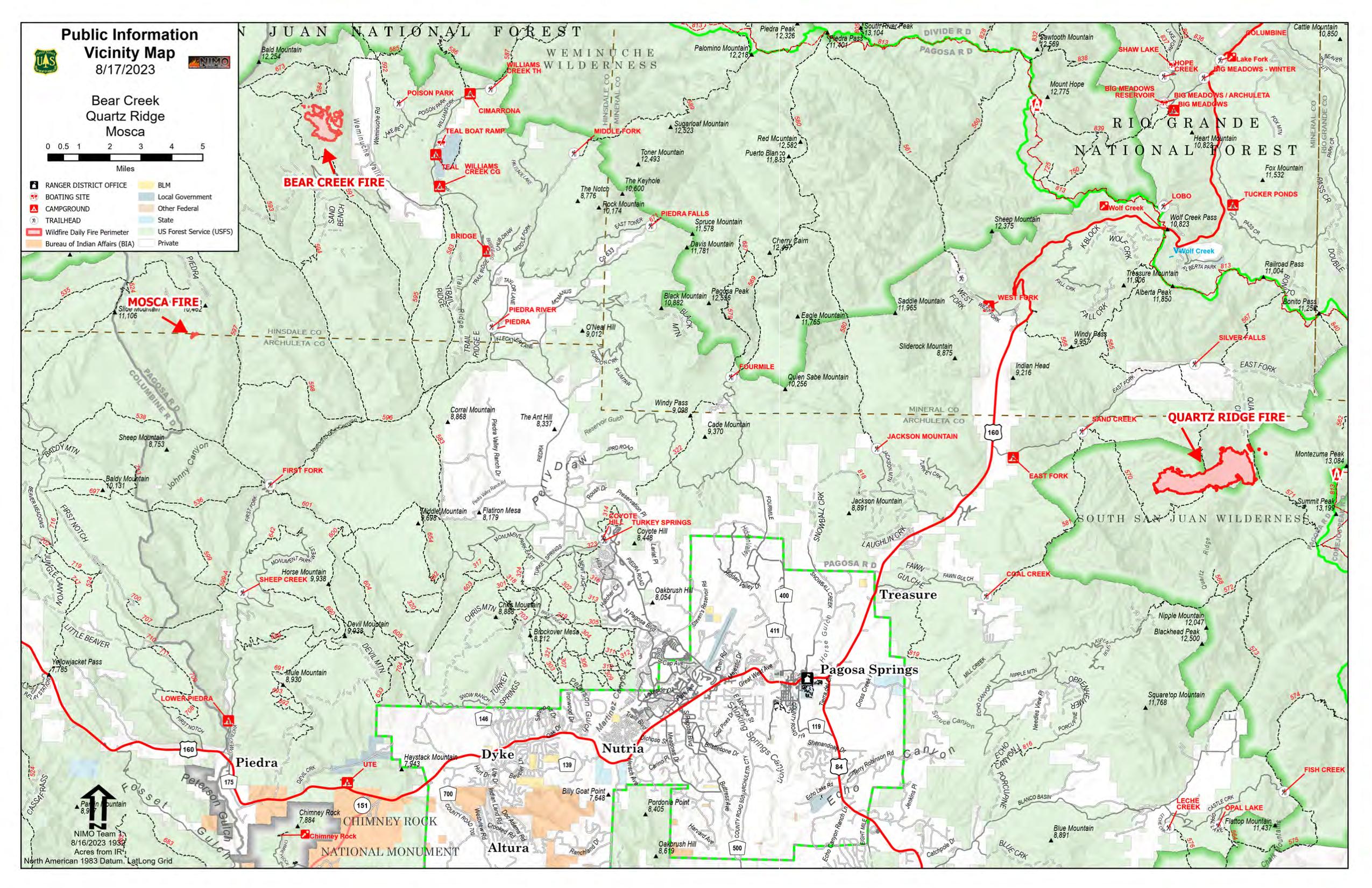 Vicinity Map for Bear Creek and Quartz Ridge Fires, Thursday, August 17