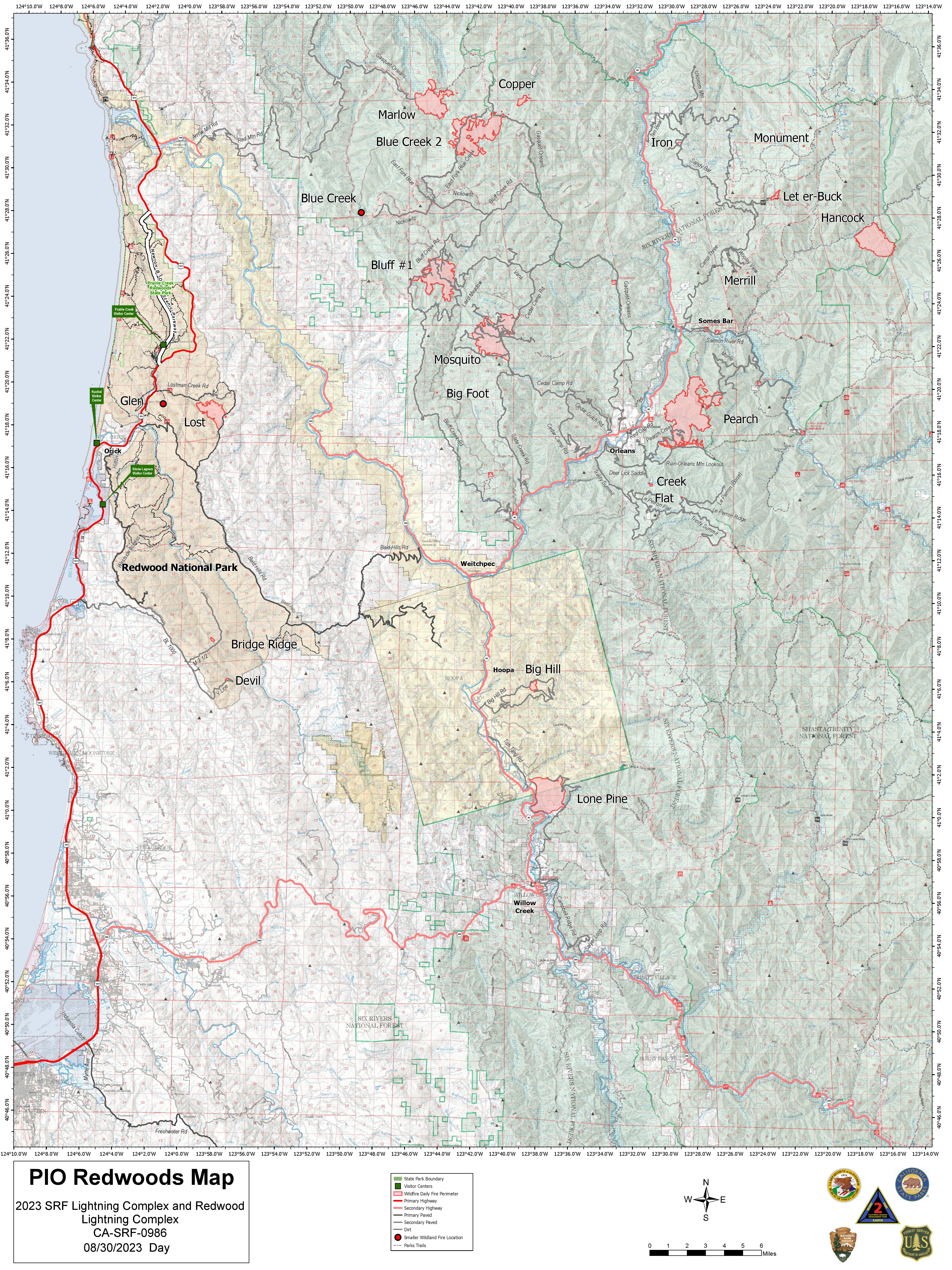 SRF Lightning Complex and Redwood Lightning Complex NORTH Map 8/30/23