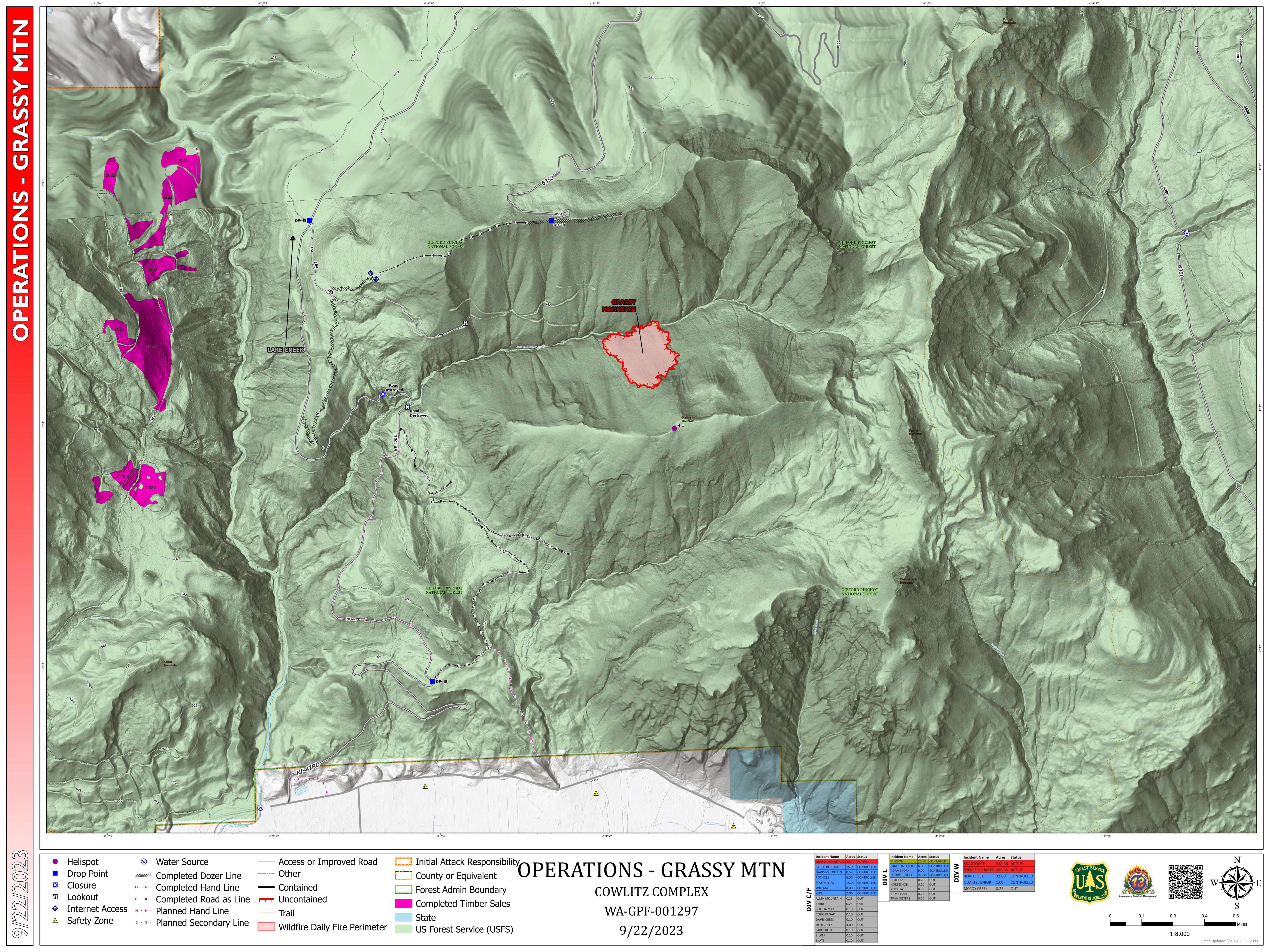 Grassy Moutain Operations Map, Cowlitz Complex, September 22, 2023