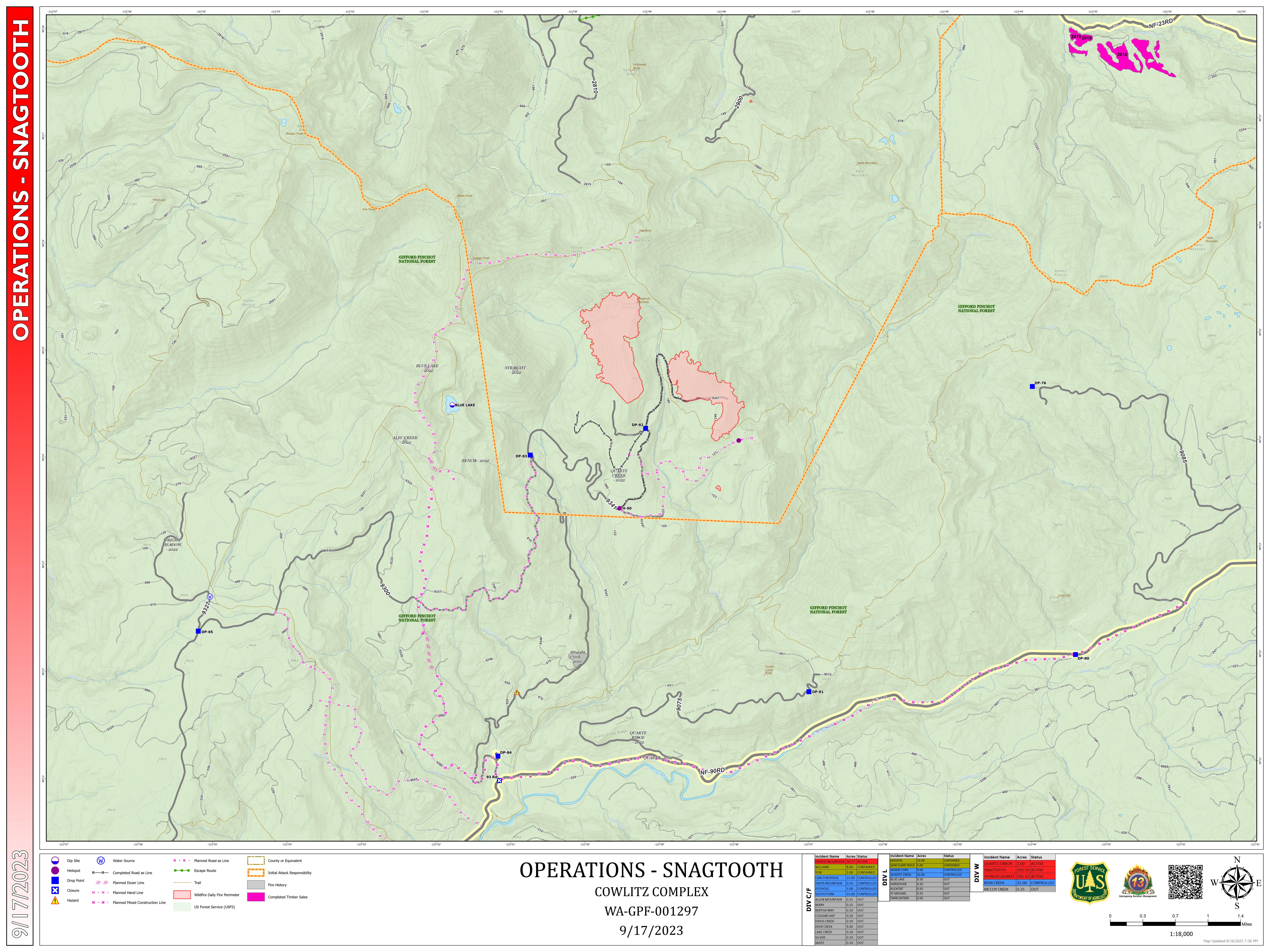 Snagtooth and Spencer Quartz Fires, Operations Map Sept 17, 2023.