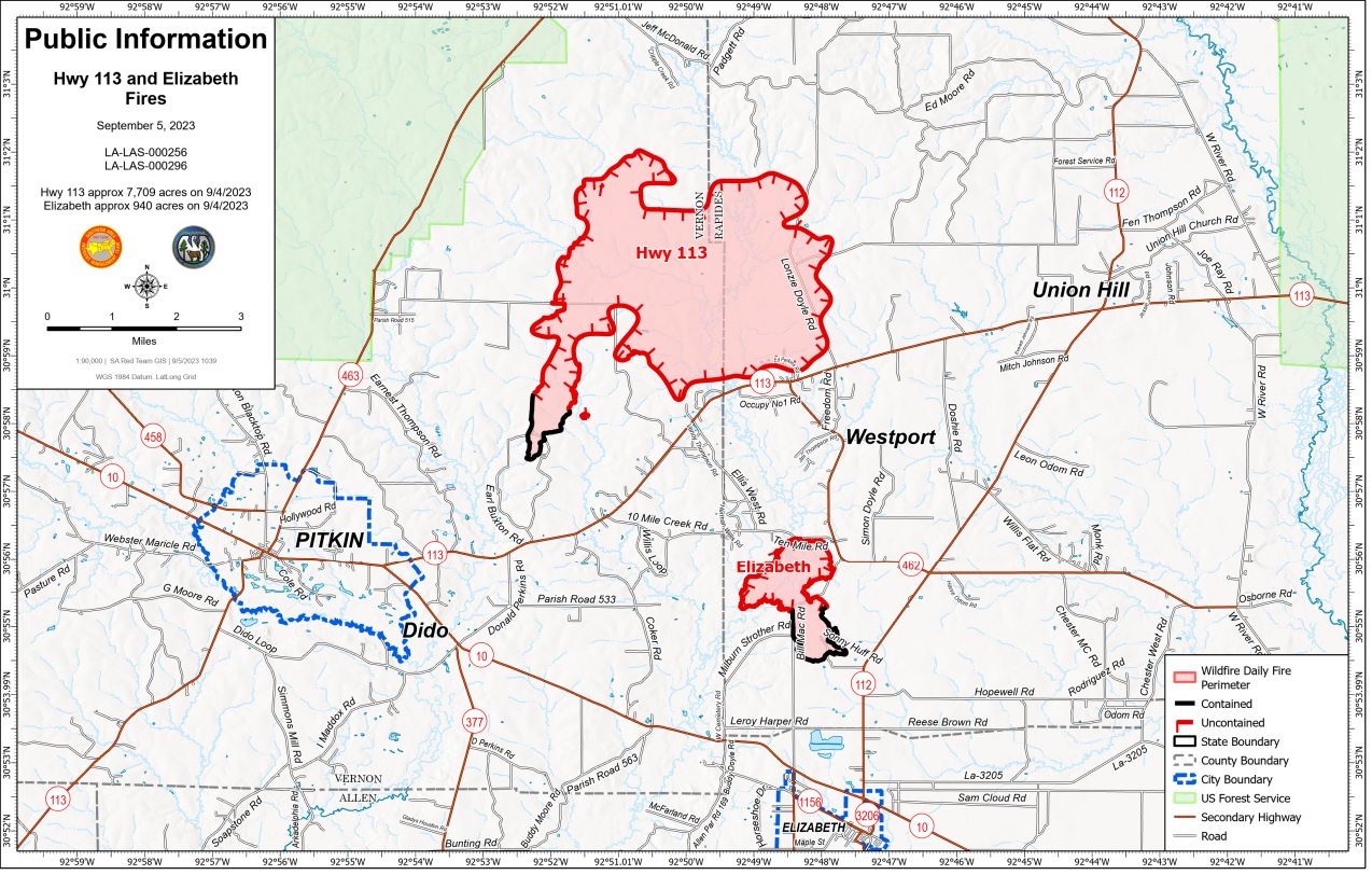 Hwy 113 and Elizbeth Fires PIO Map 9-5-23