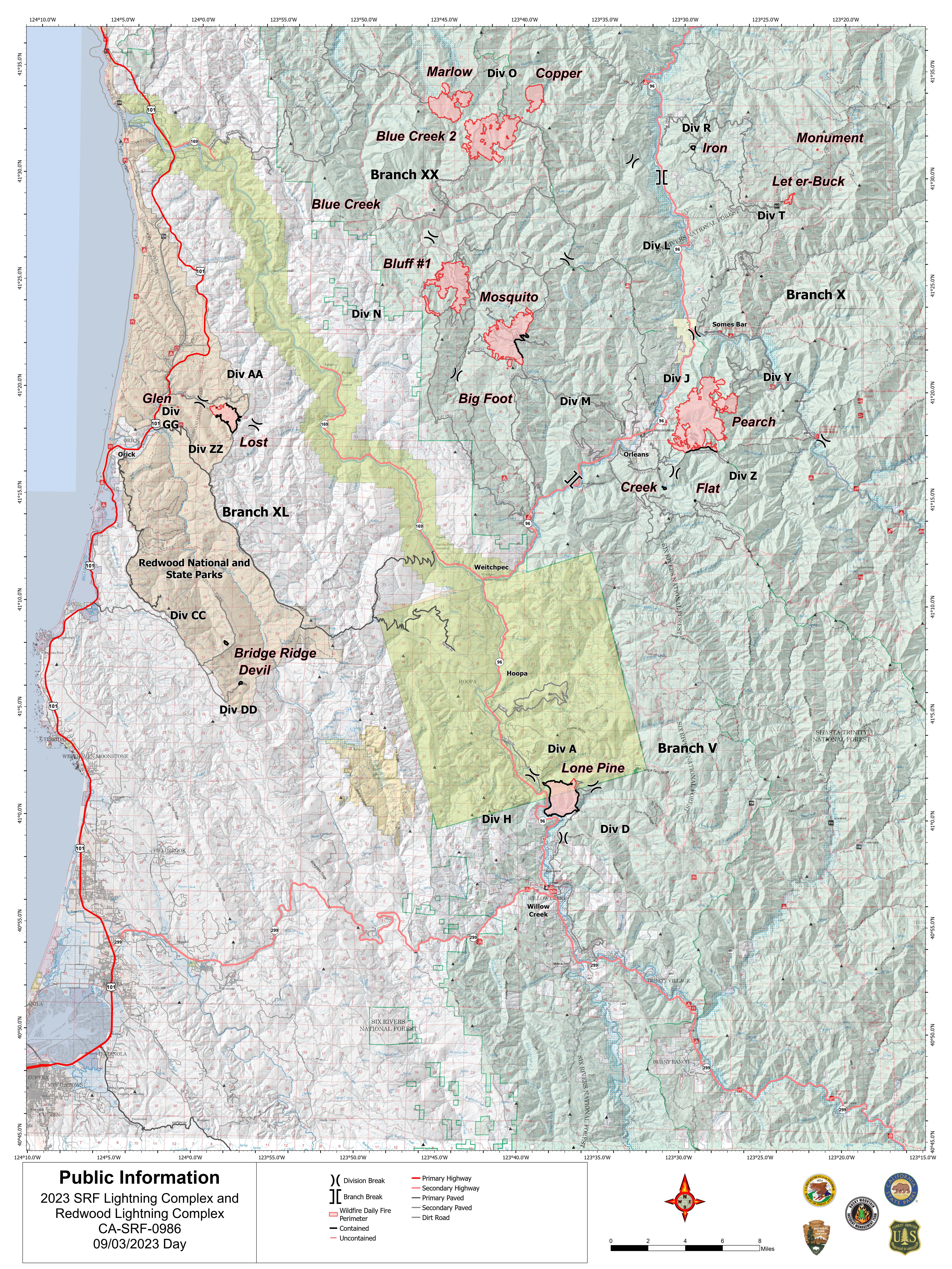 SRF Lightning Complex and Redwood Lightning complex Map, Sunday, 9/3/23