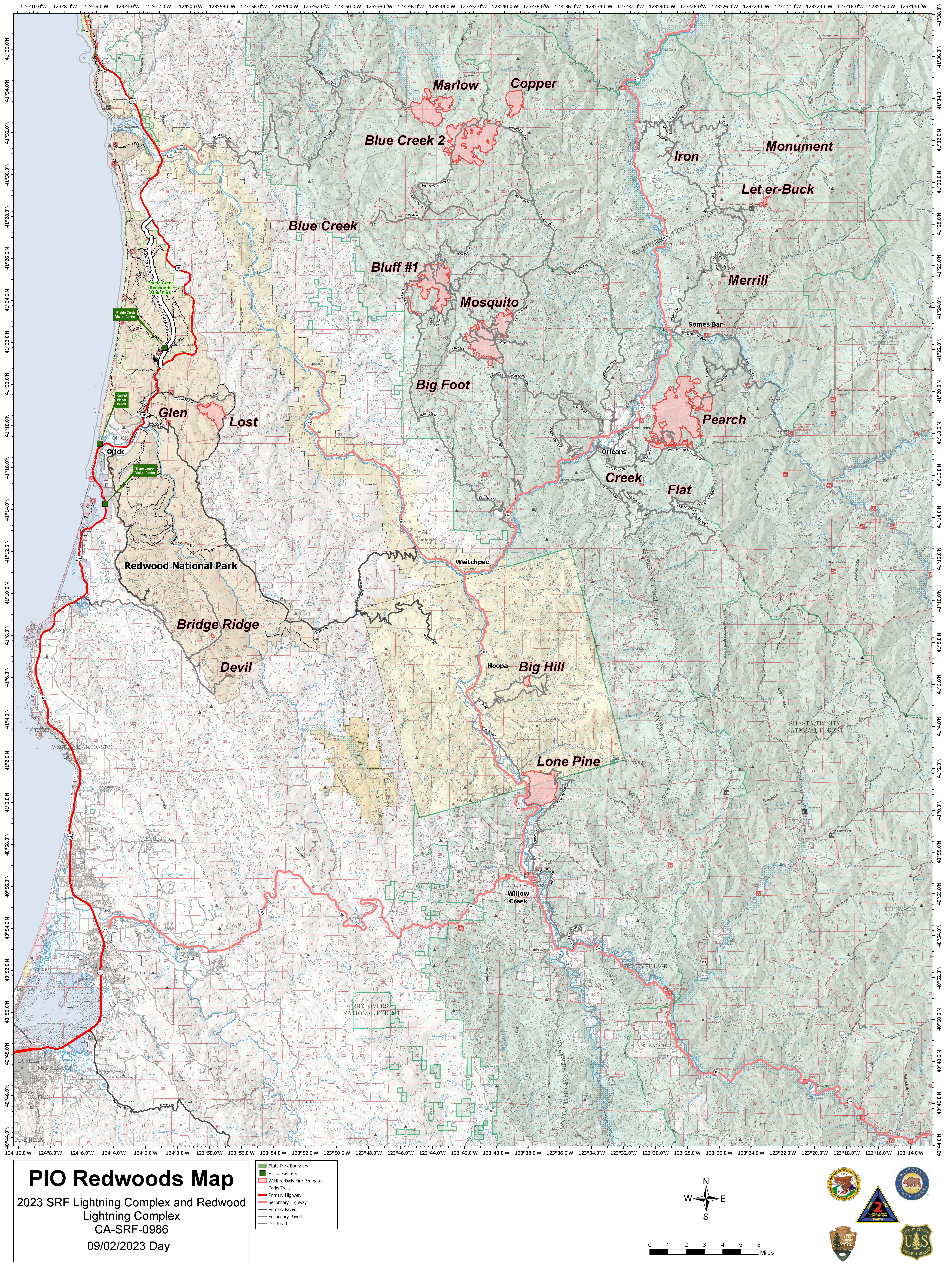 SRF Lightning Complex and Redwood Lightning Complex Map, Saturday,  9/02/23