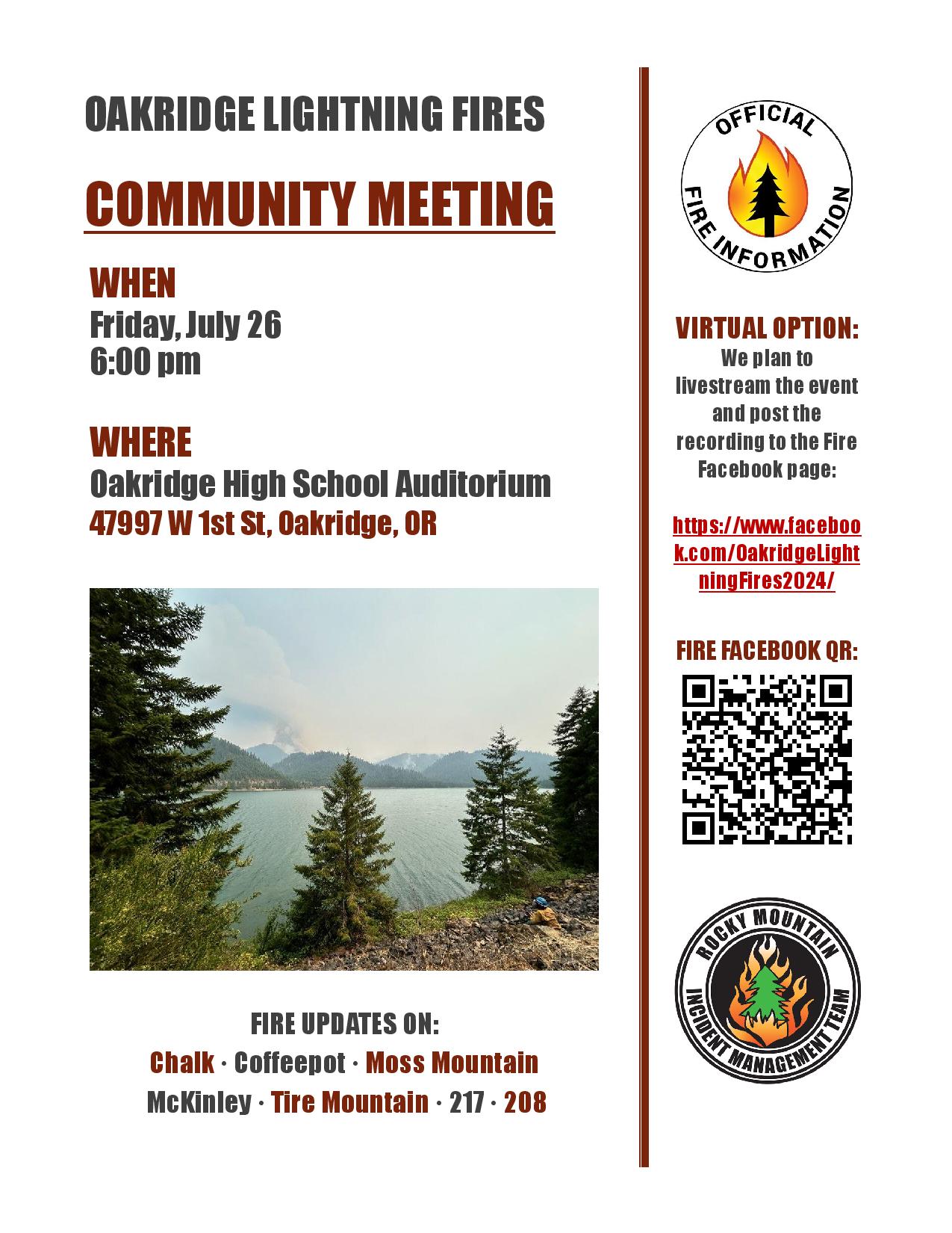 

						Oakridge Lightning 2024 Fires Public Meeting, Friday, July 26, 6 p.m.
			