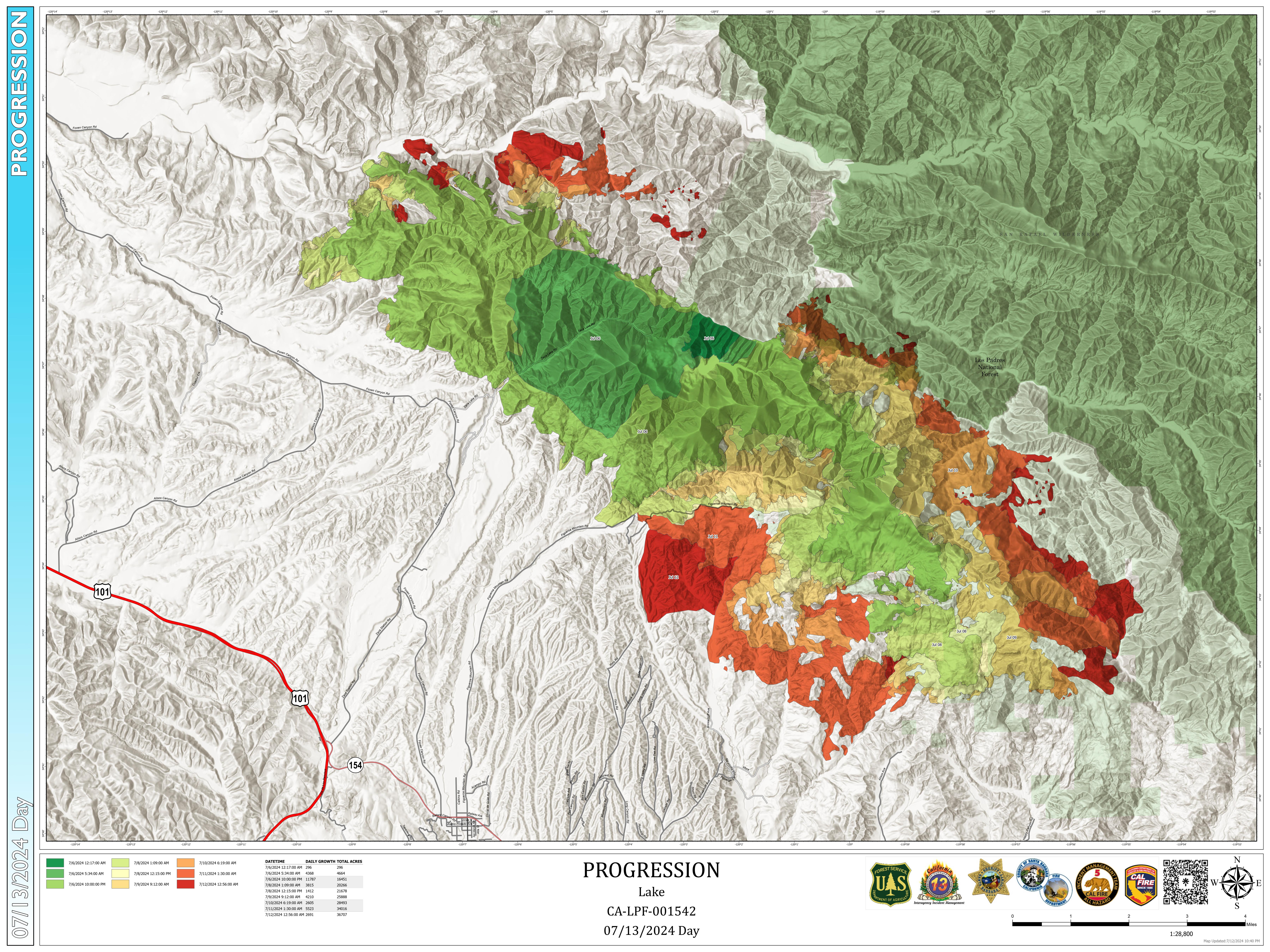 Lake Fire Progression Map, July 13, 2024.