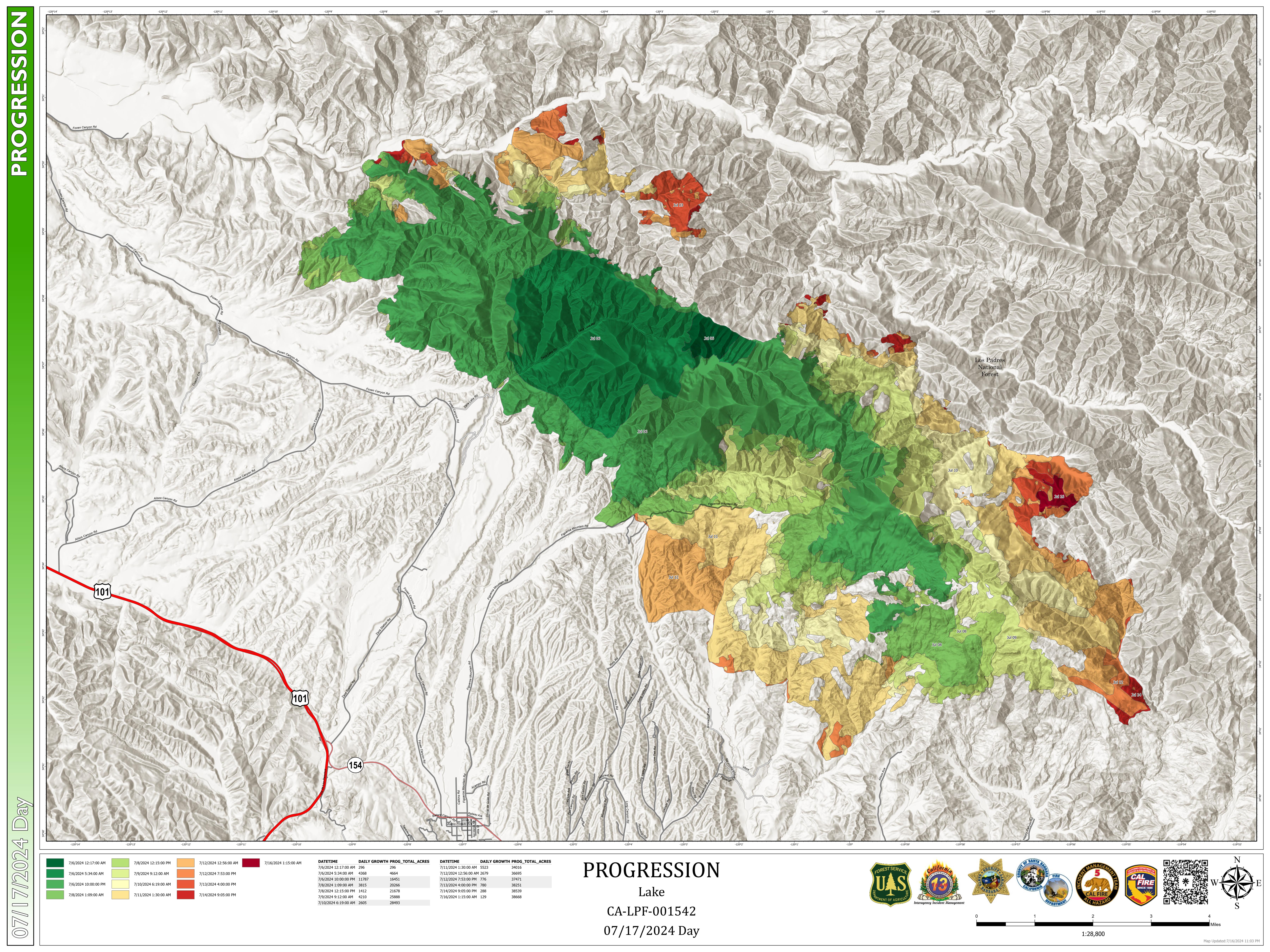 Lake Fire Progression Map, July 17, 2024.