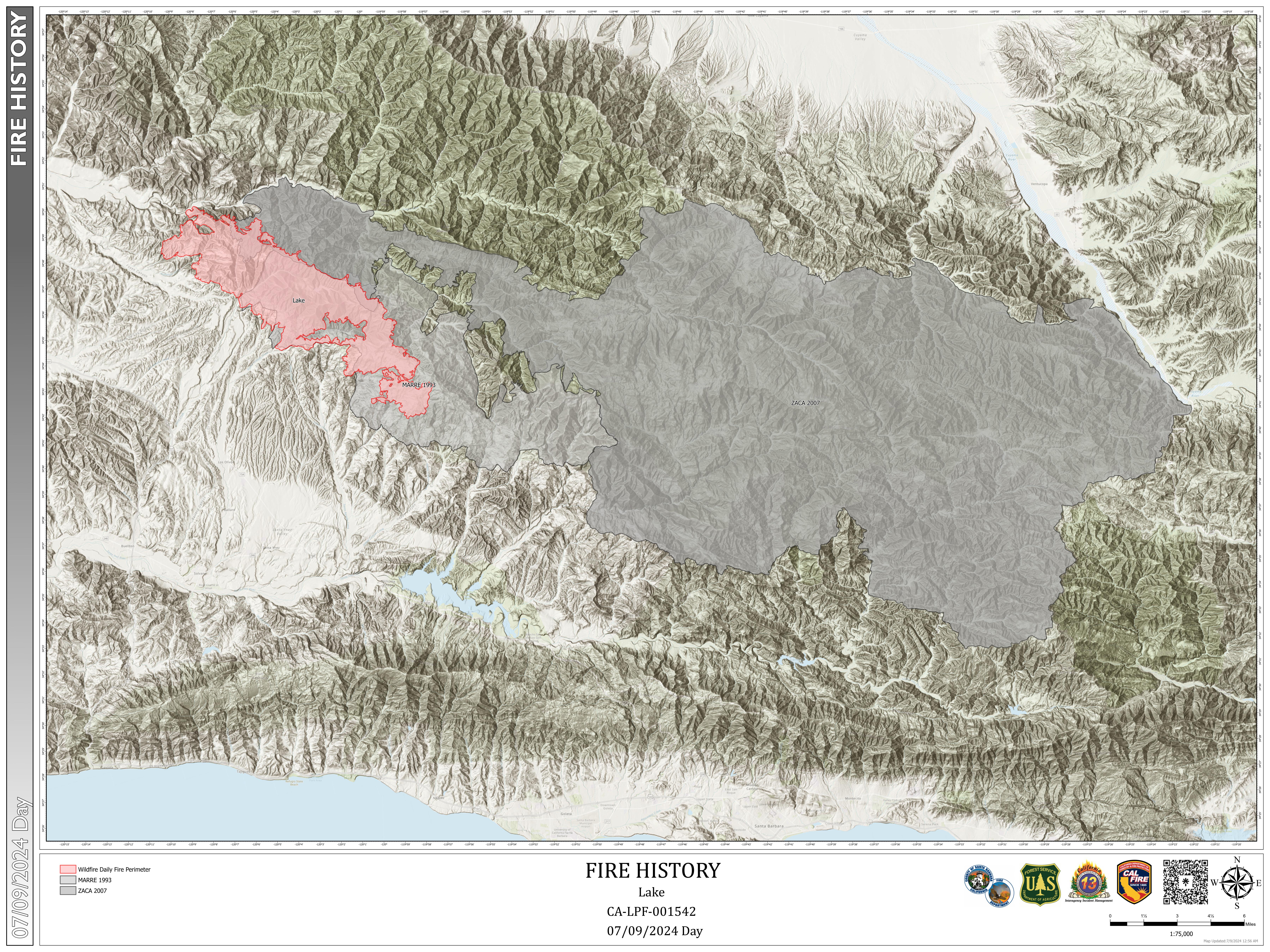 Lake Fire Area - Fire History Map,  July 9 2024.