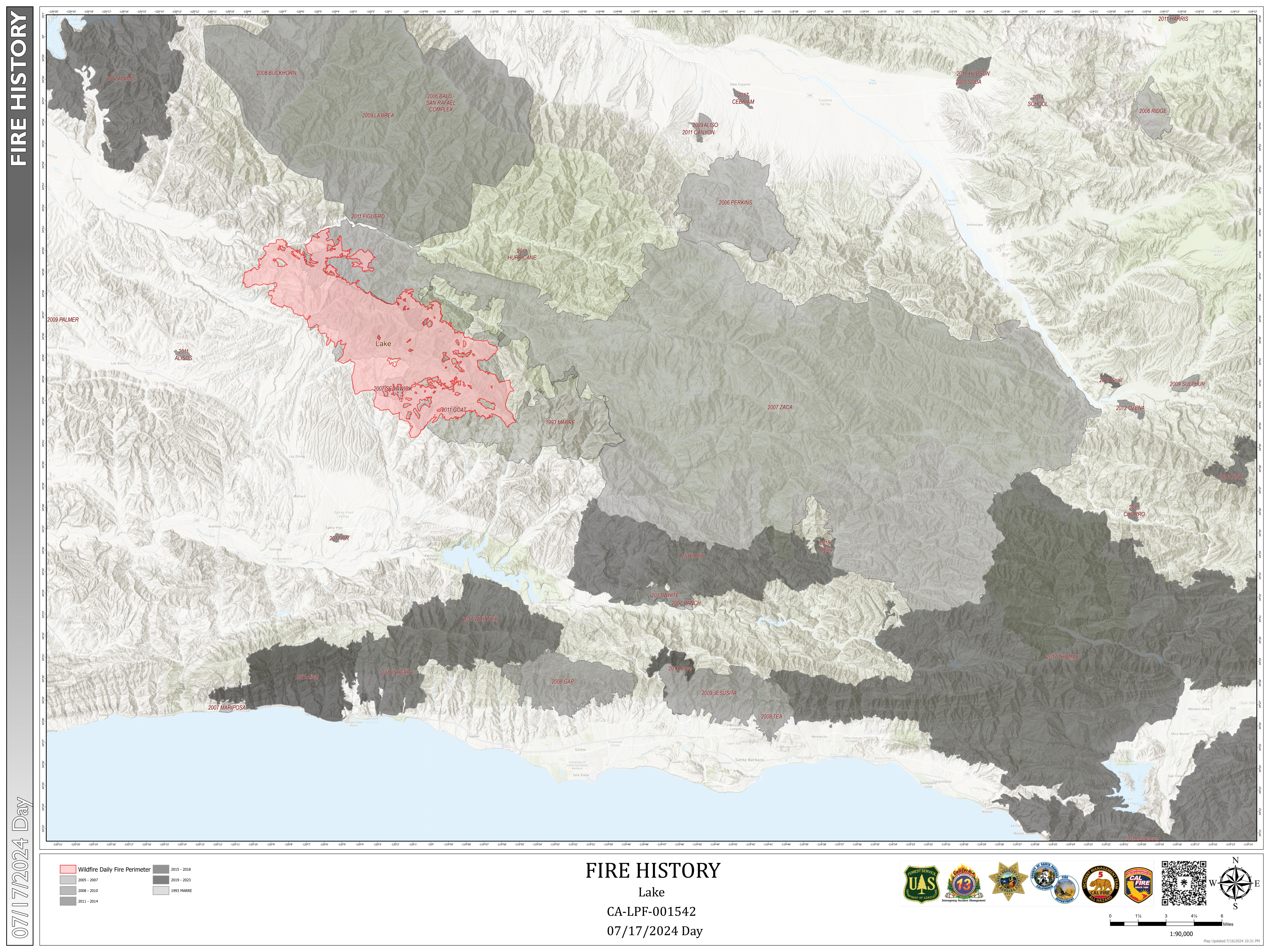 Lake Fire - Fire History Map, July 17, 2024.