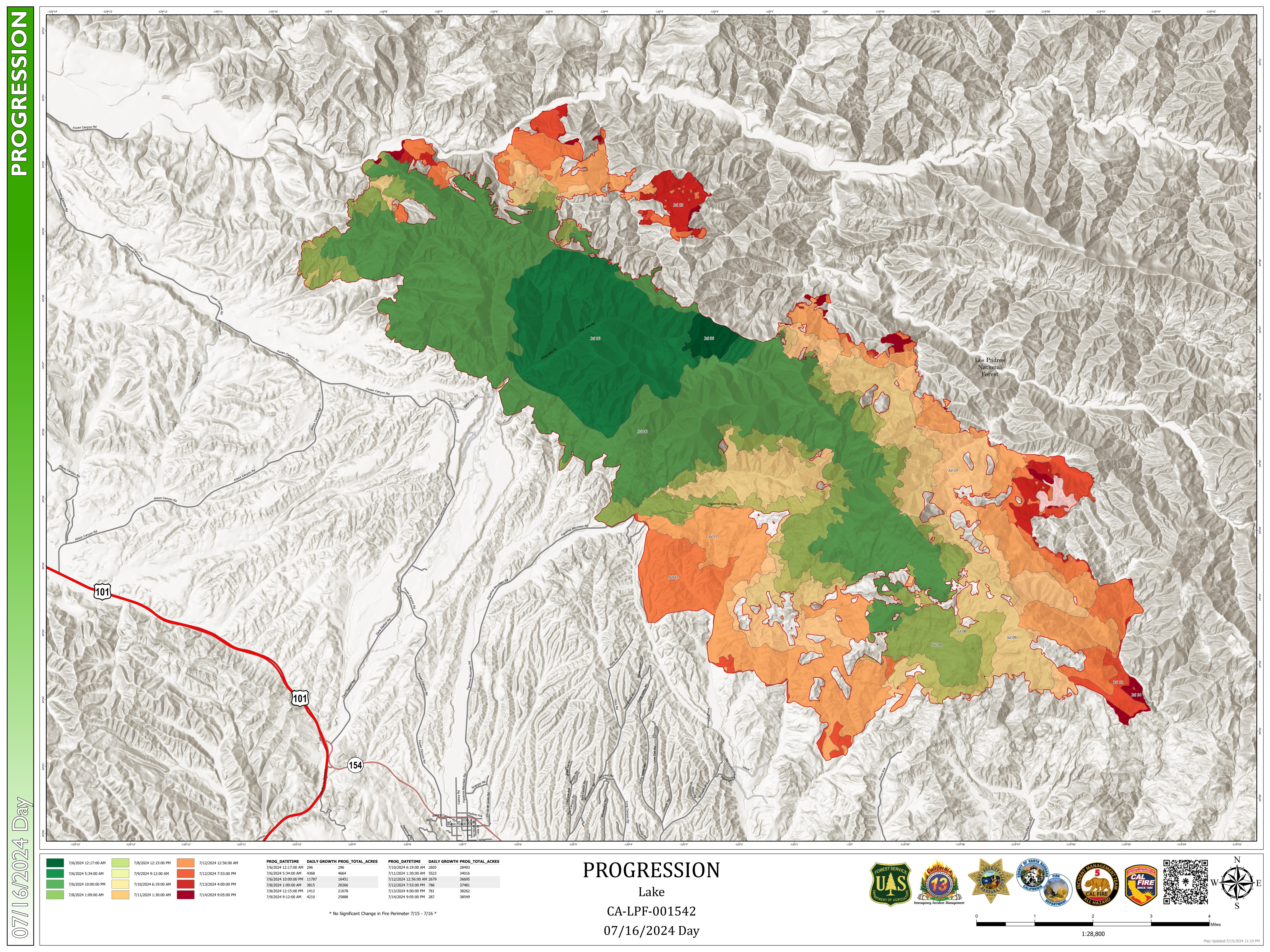 Lake Fire Progression Map, July 16, 2024.