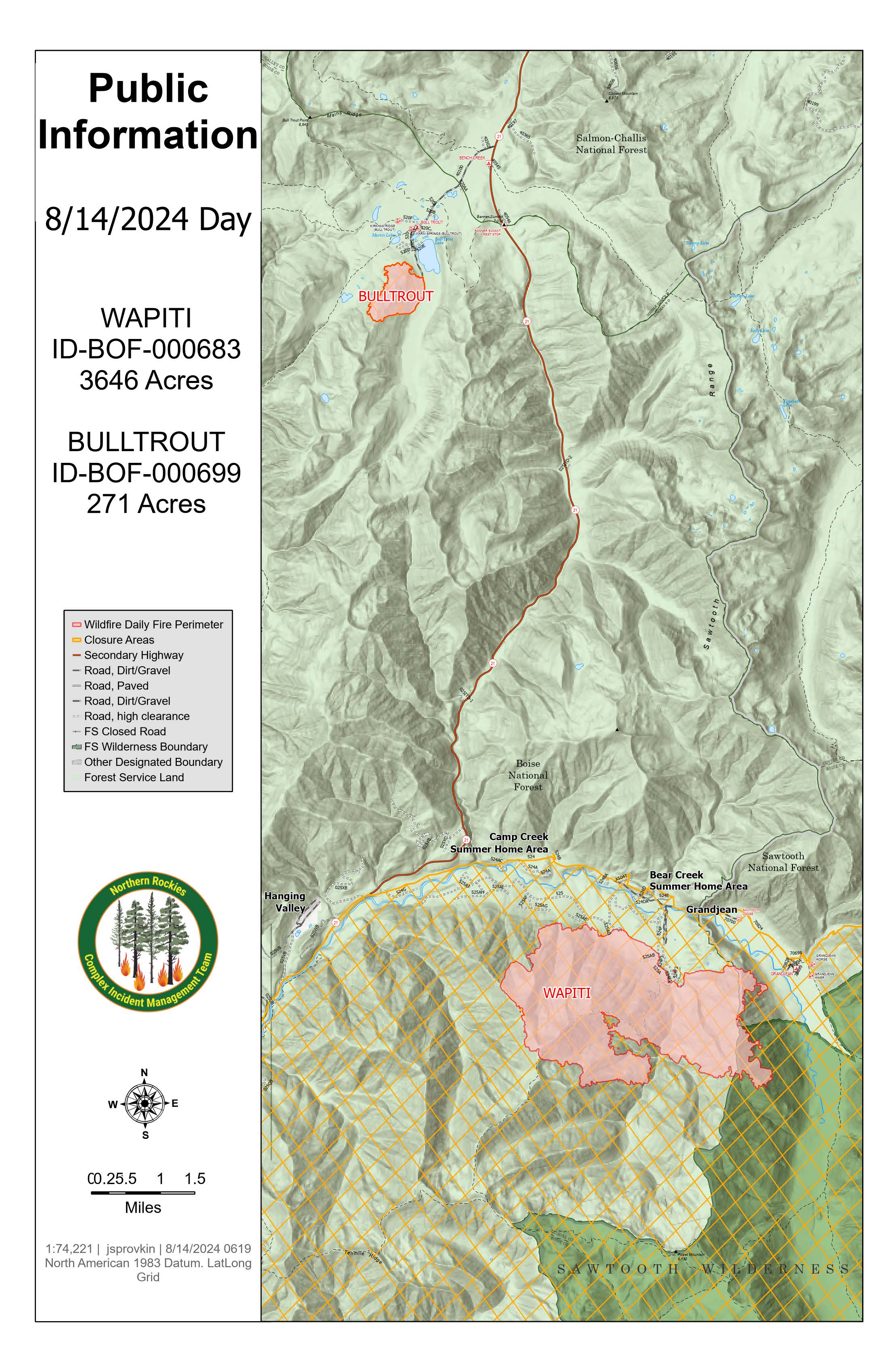 

						Wednesday August 14, 2024 Bulltrout Fire Map
			