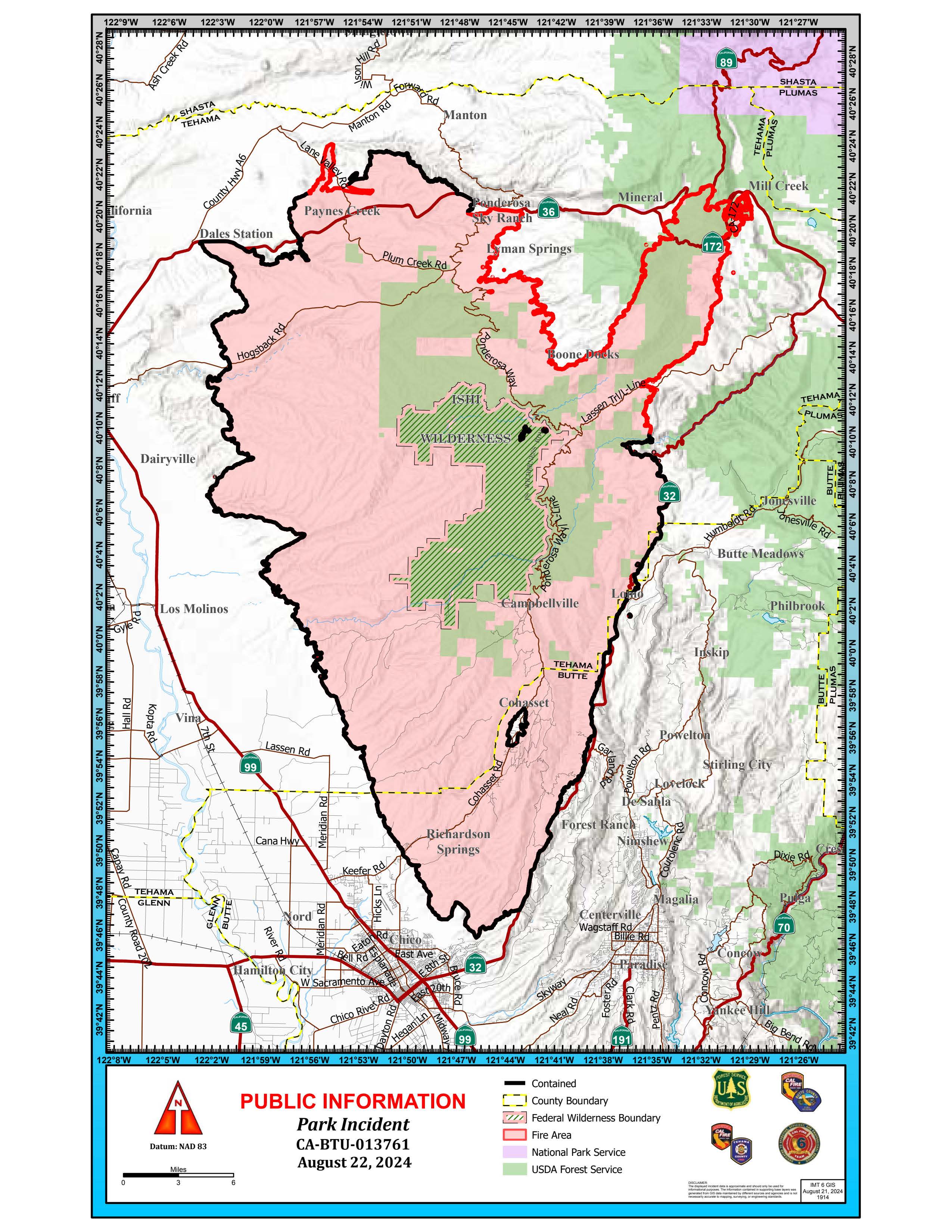 Park Fire: Public Information Map Small, 8-22-2024