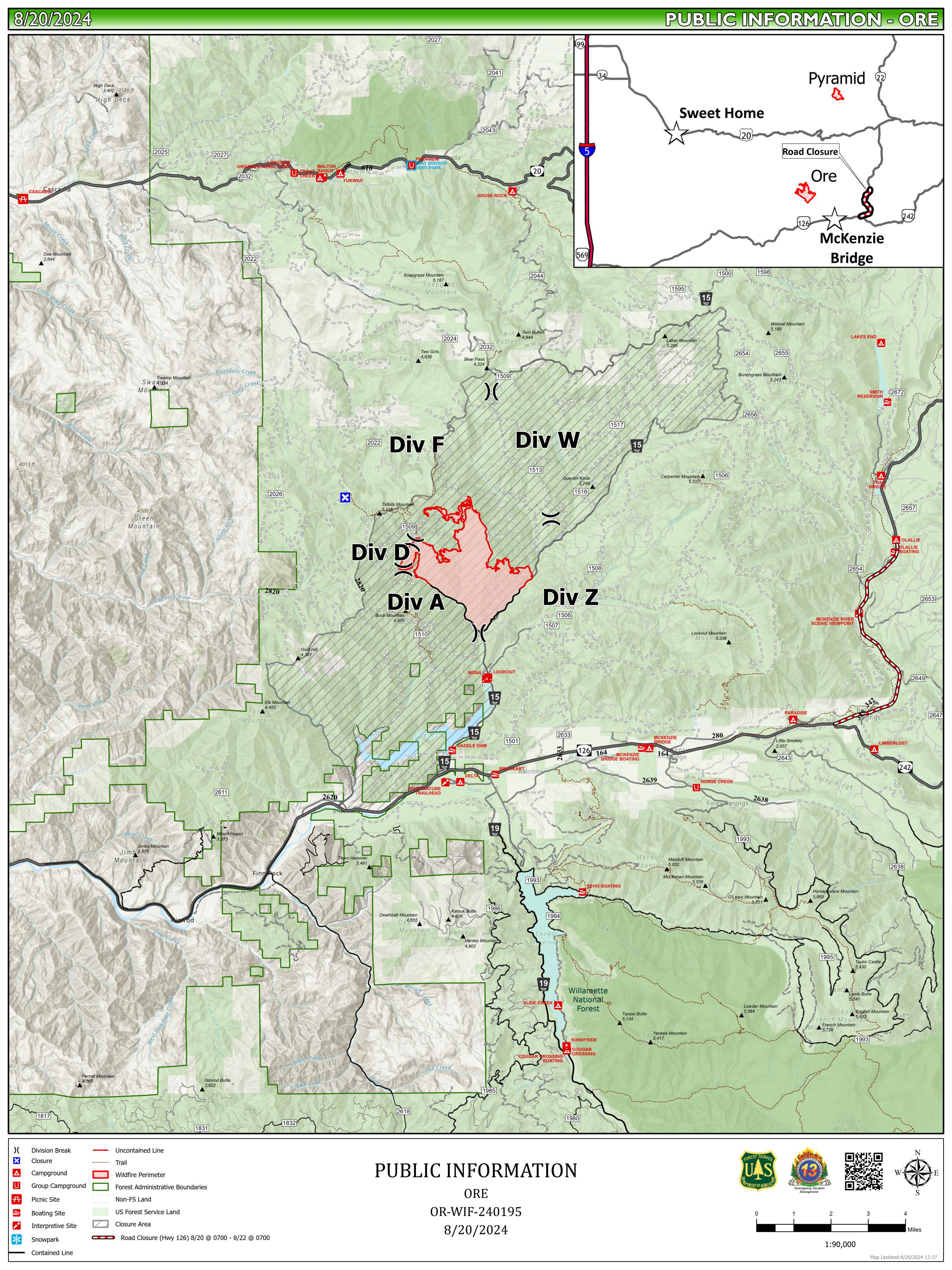 North Willamette Complex - Ore Fire Public Information Map, August 20, 2024.