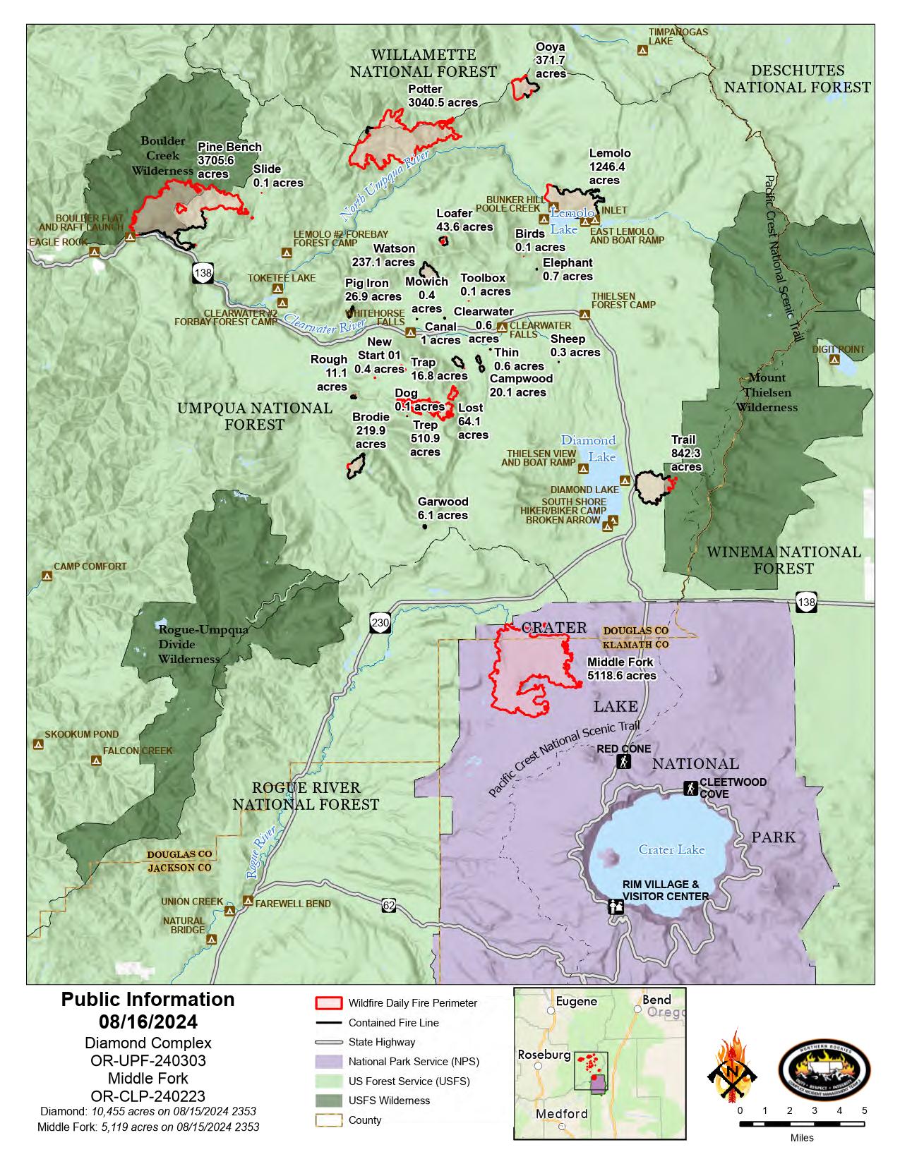 August 16 Map of the Diamond Complex and Middle Fork Fires