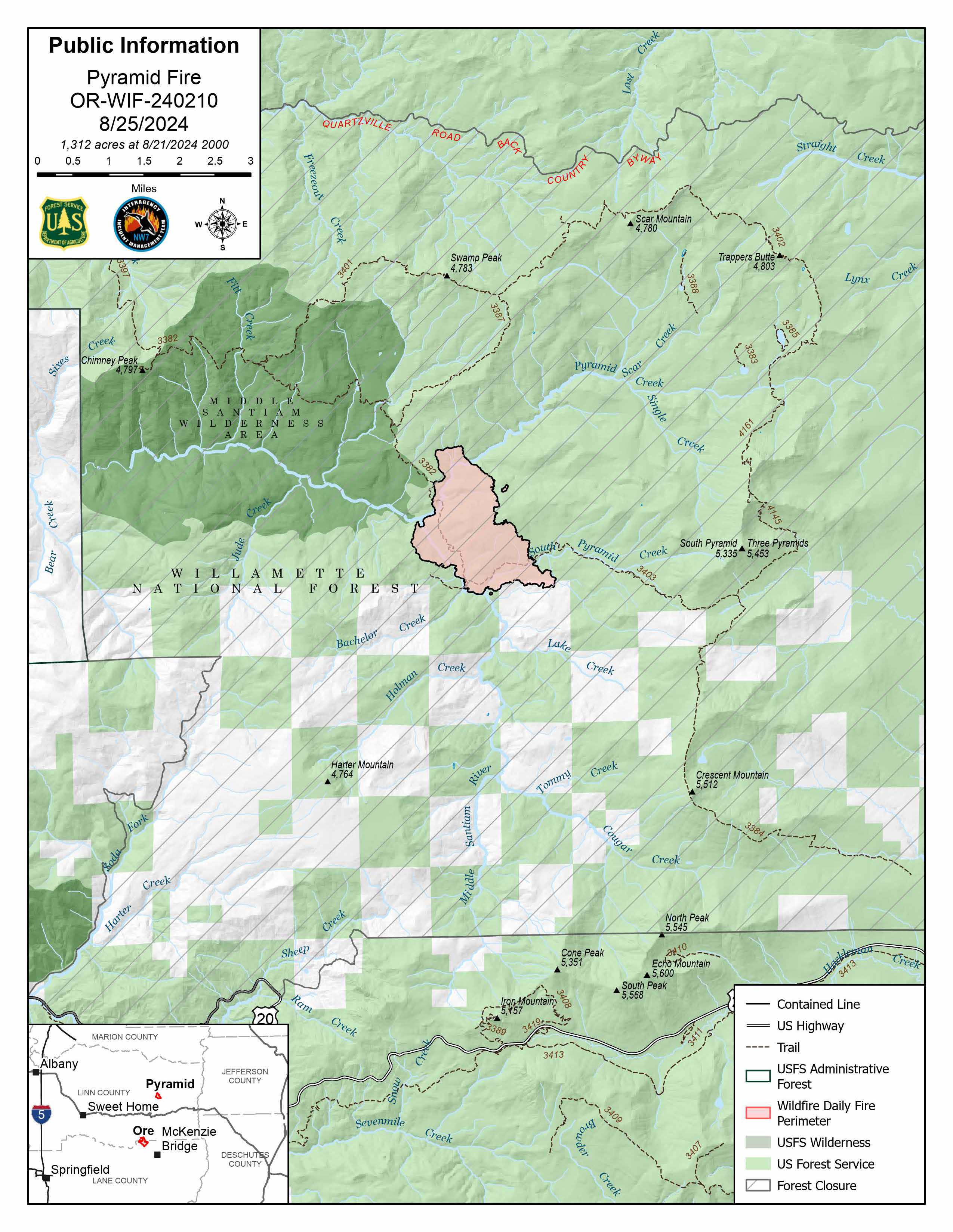 North Willamette Complex--Pyramid Fire, Public Information Map, August 25, 2024