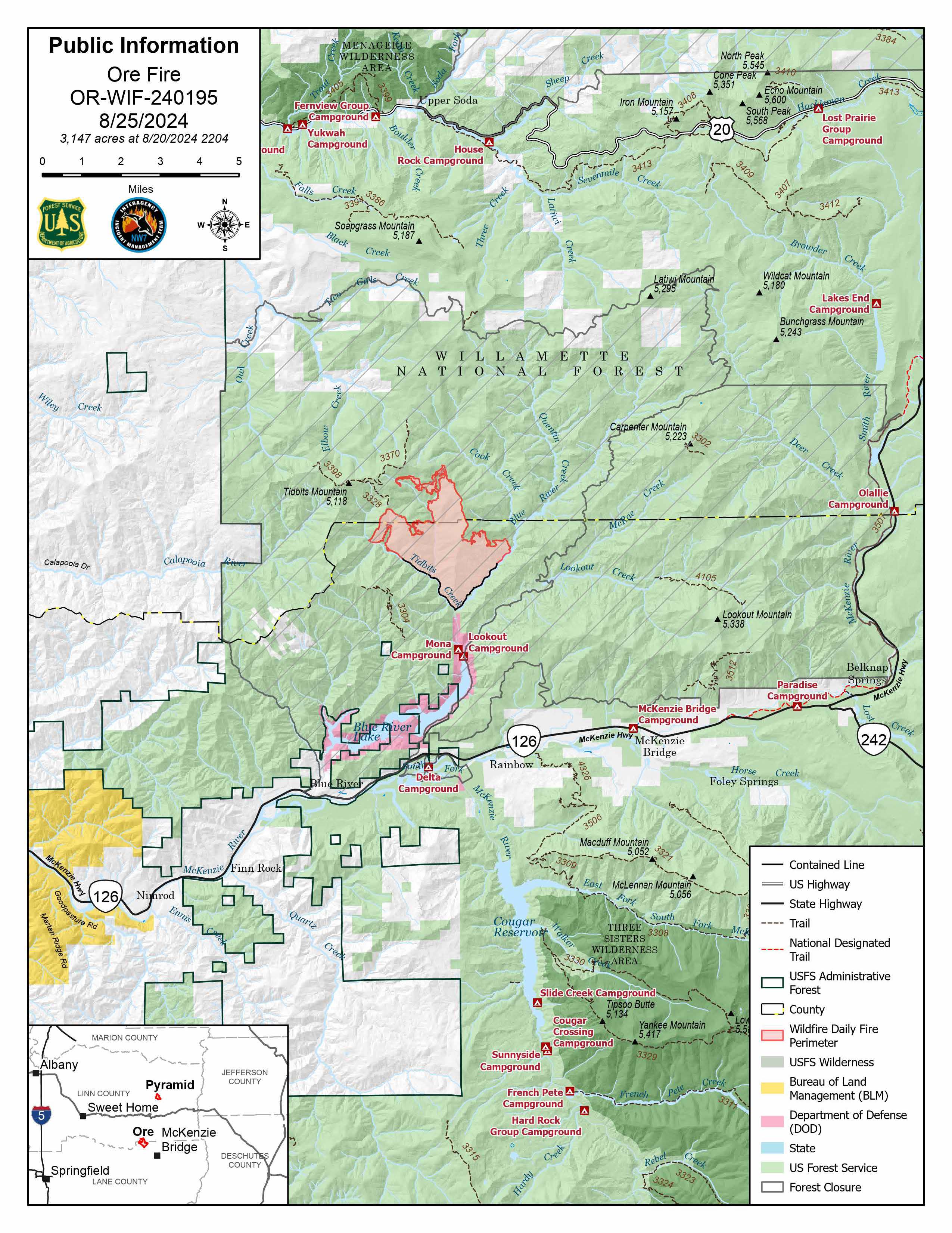North Willamette Complex-Ore Fire, Public Information Map, August 25, 2024