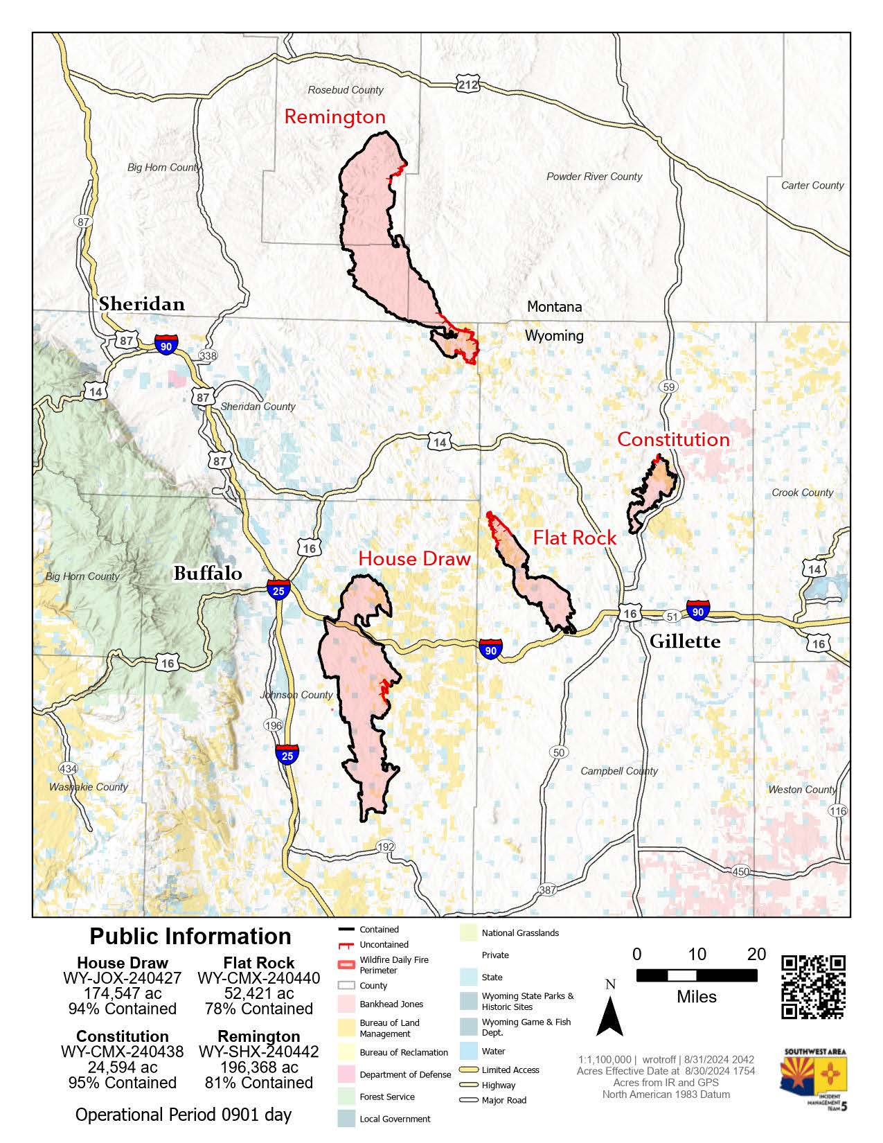 Public Information Map for House Draw Fire for September 1, 2024 (includes House Draw, Flat Rock, Constitution and Remington fires)