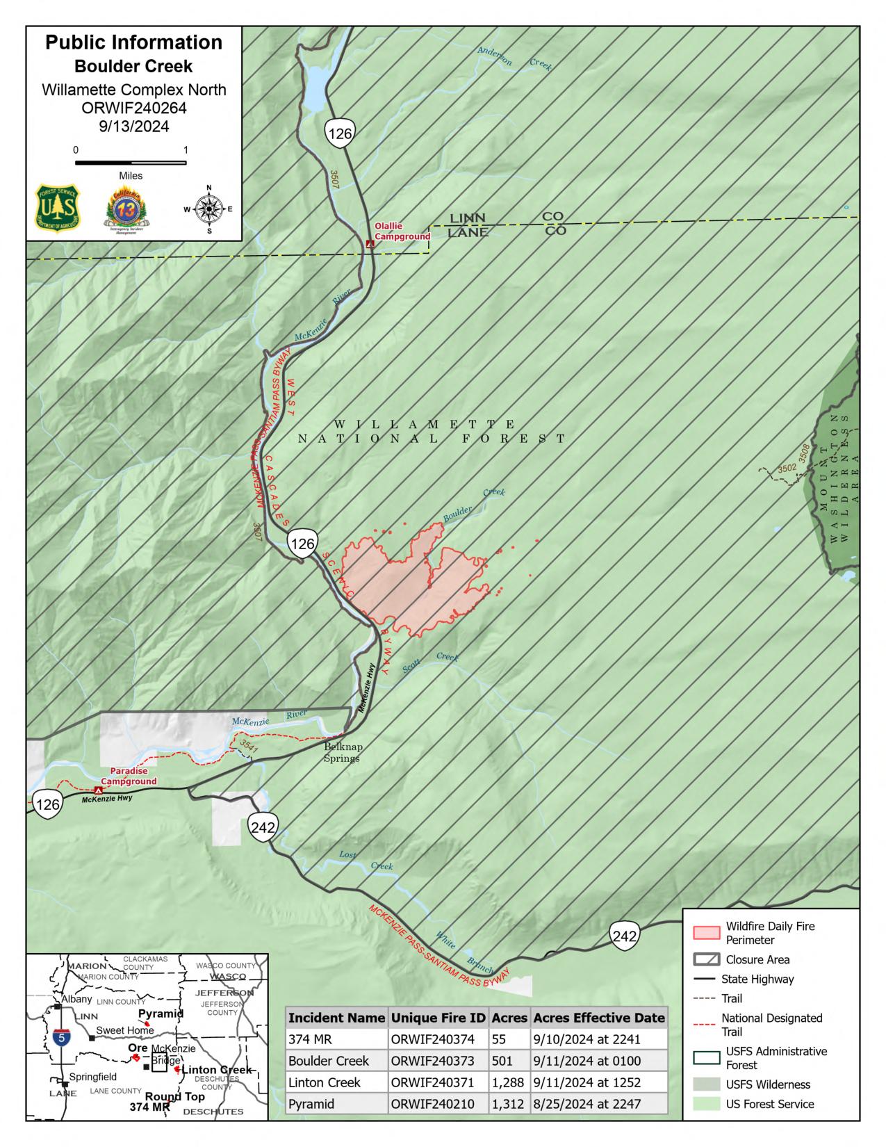 Willamette Complex North - Boulder Creek Public Information Map, September 13, 2024.