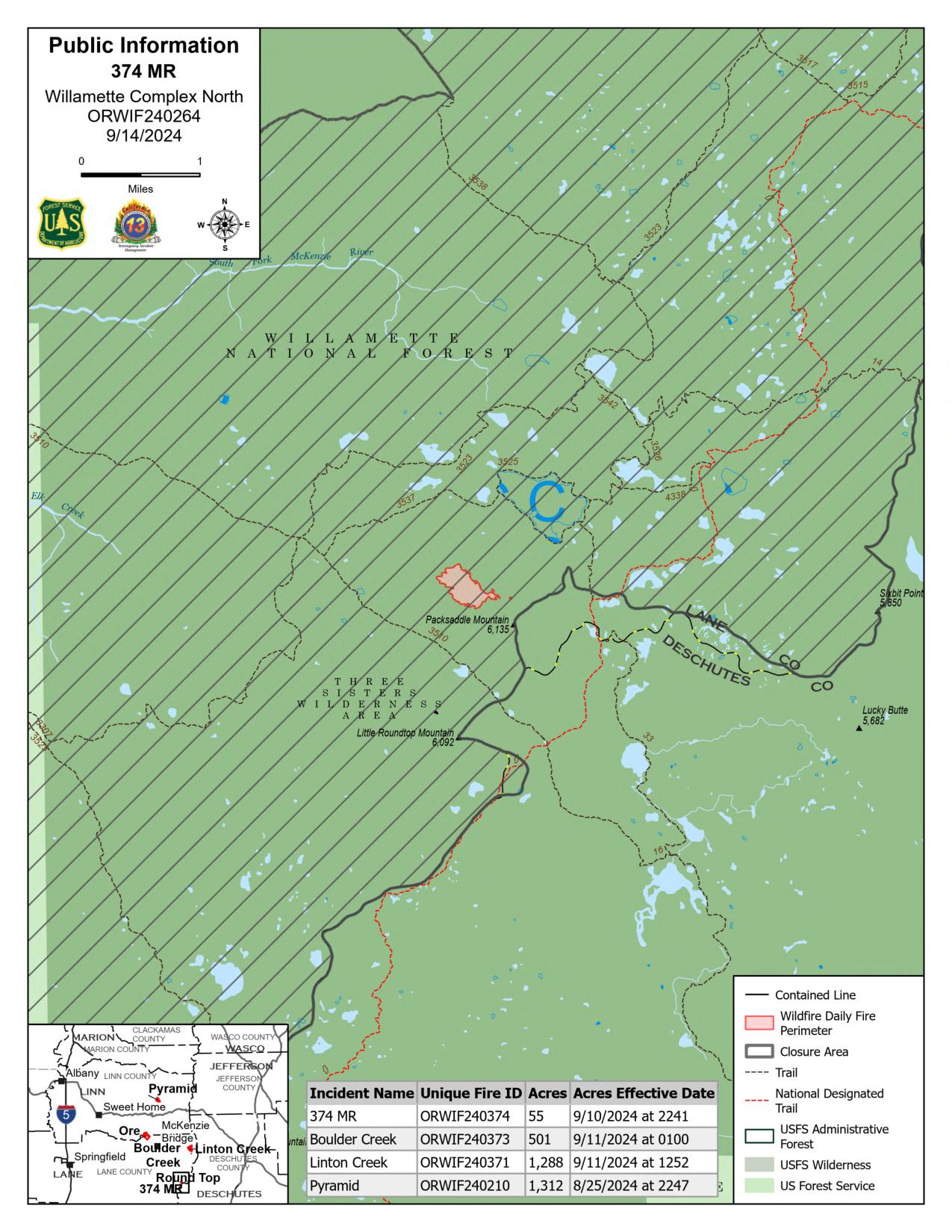Willamette Complex North - 374 &amp; Roundtop Fires Public Information Map - 9/14/2024