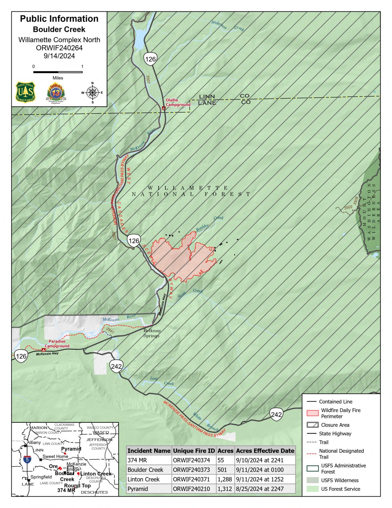 Willamette Complex North - Boulder Creek Fire Public Information Map - 9/14/2024