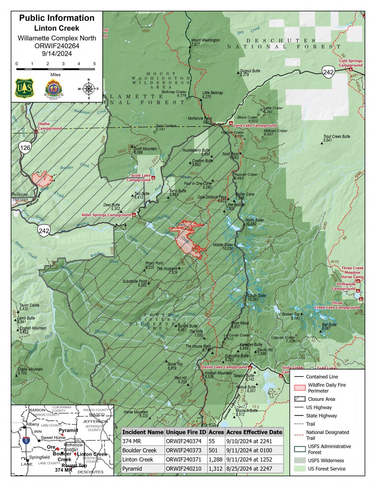 Willamette Complex North - Linton Creek Fire Public Information Map - 9/14/2024