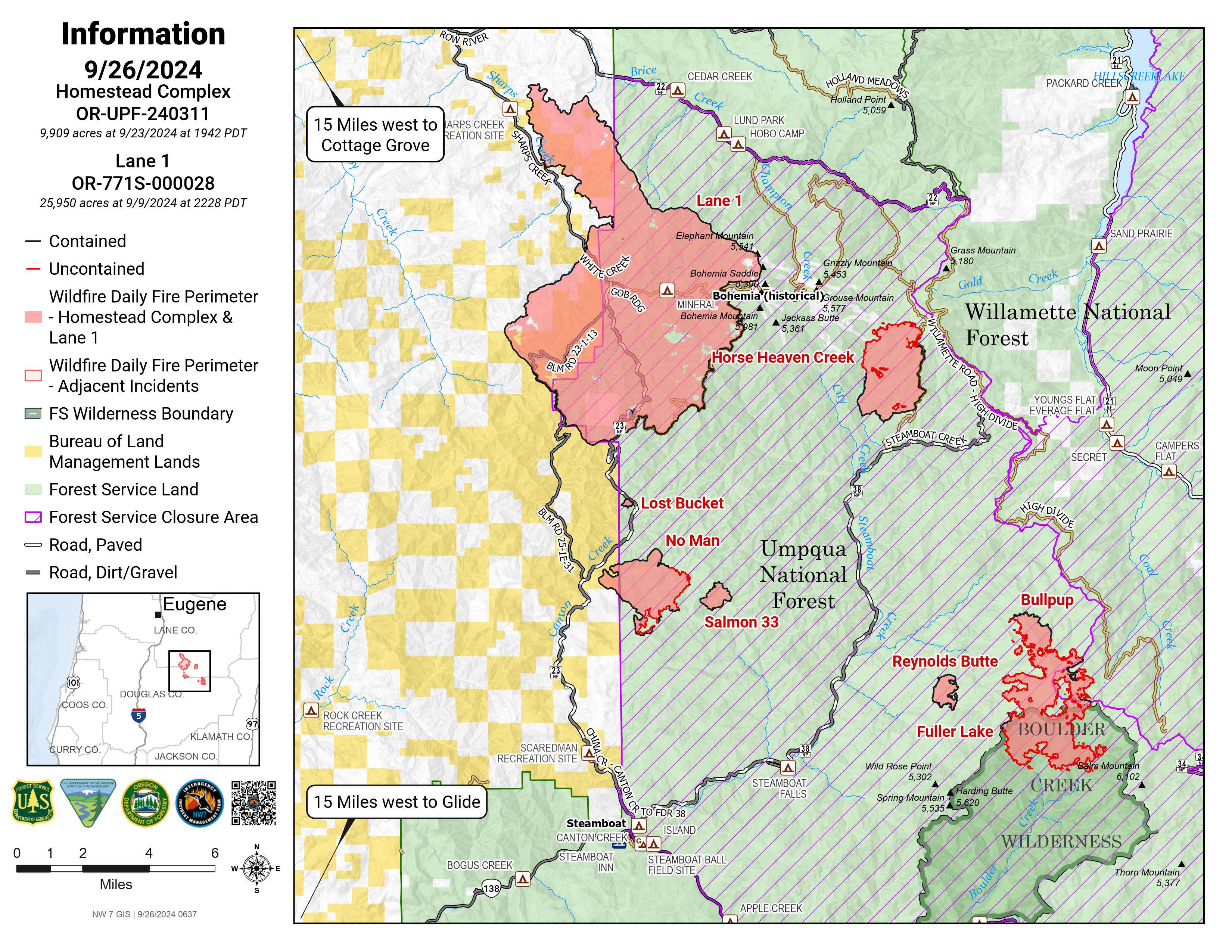 

						Homestead Complex and Lane 1 Fire Public Information Map 09/26/2024
			