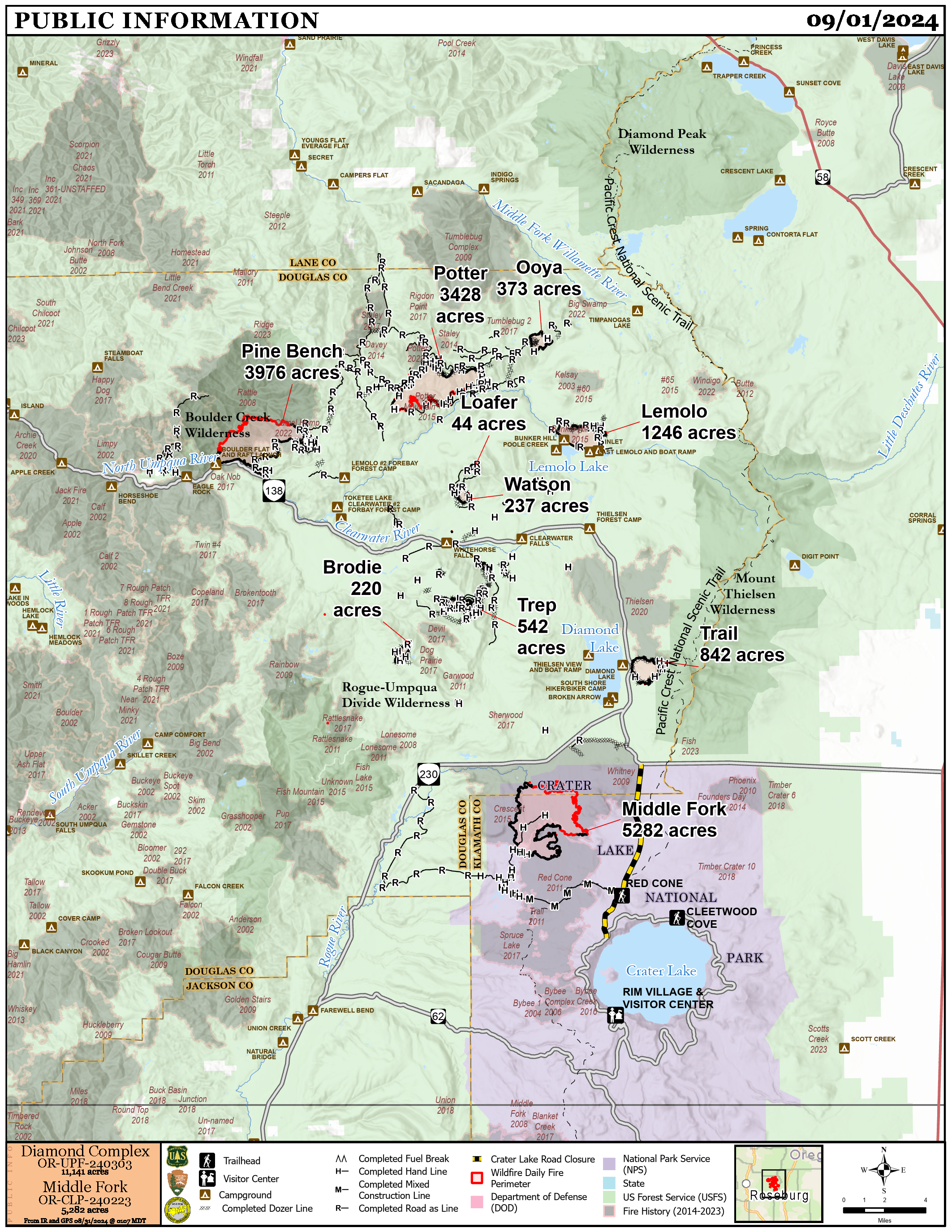 Diamond Complex and Middle Fork Fire map for Sept 1, 2024