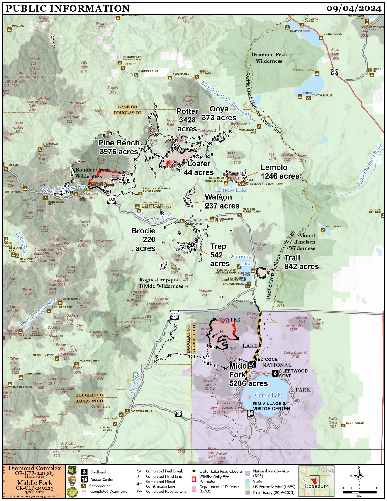 Map for the Diamond Complex and Middle Fork Fire for September 4, 2024
