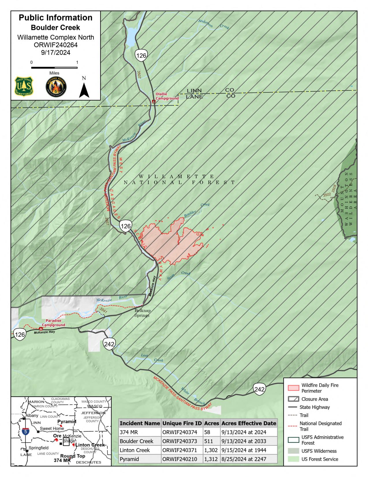 Willamette Complex North Public Information Map - Boulder Creek Fire 9/17/2024