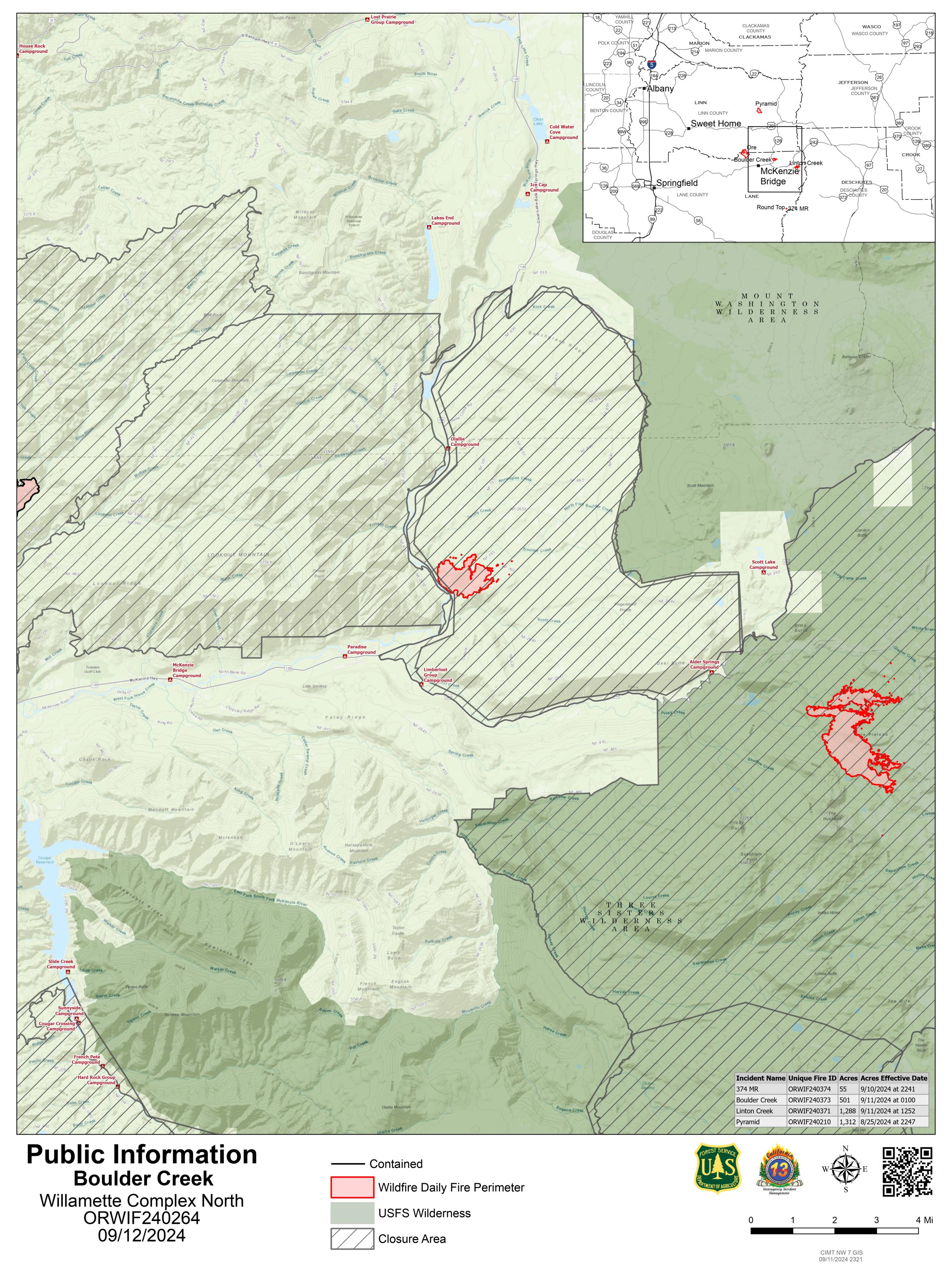 Willamette Complex North - Boulder Creek Fire Public Information Map, September 12, 2024