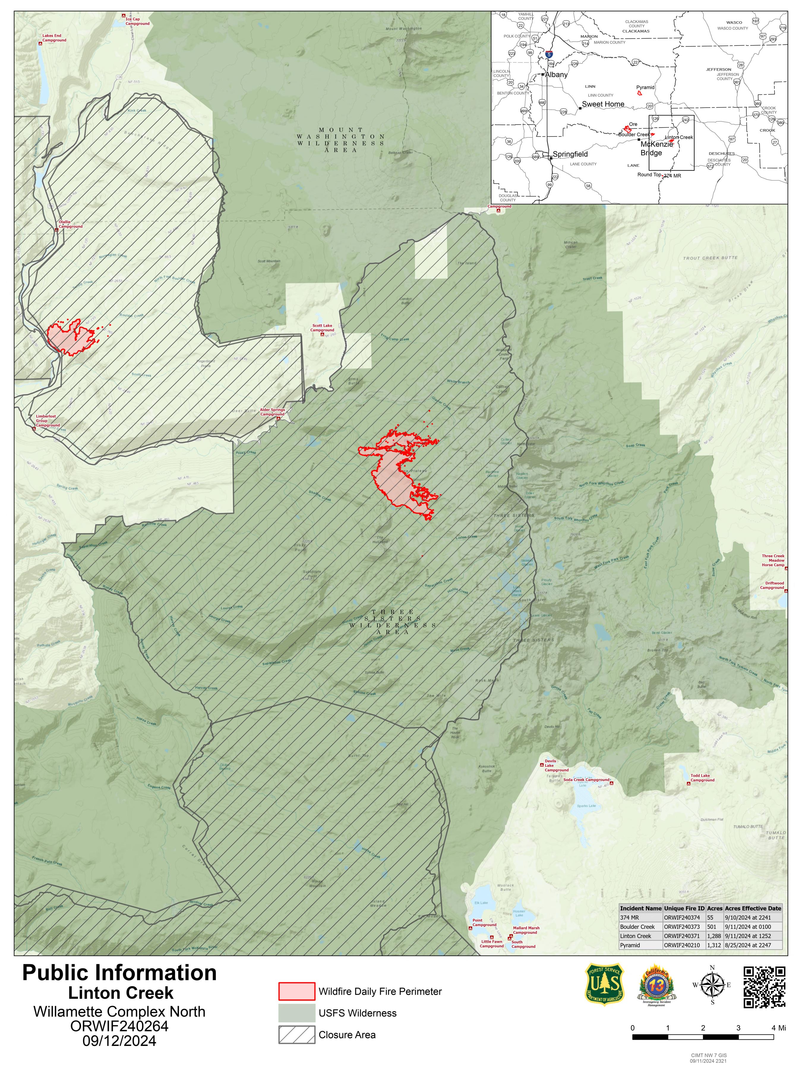 Willamette Complex North - Linton Creek Fire Public Information Map, September 12, 2024