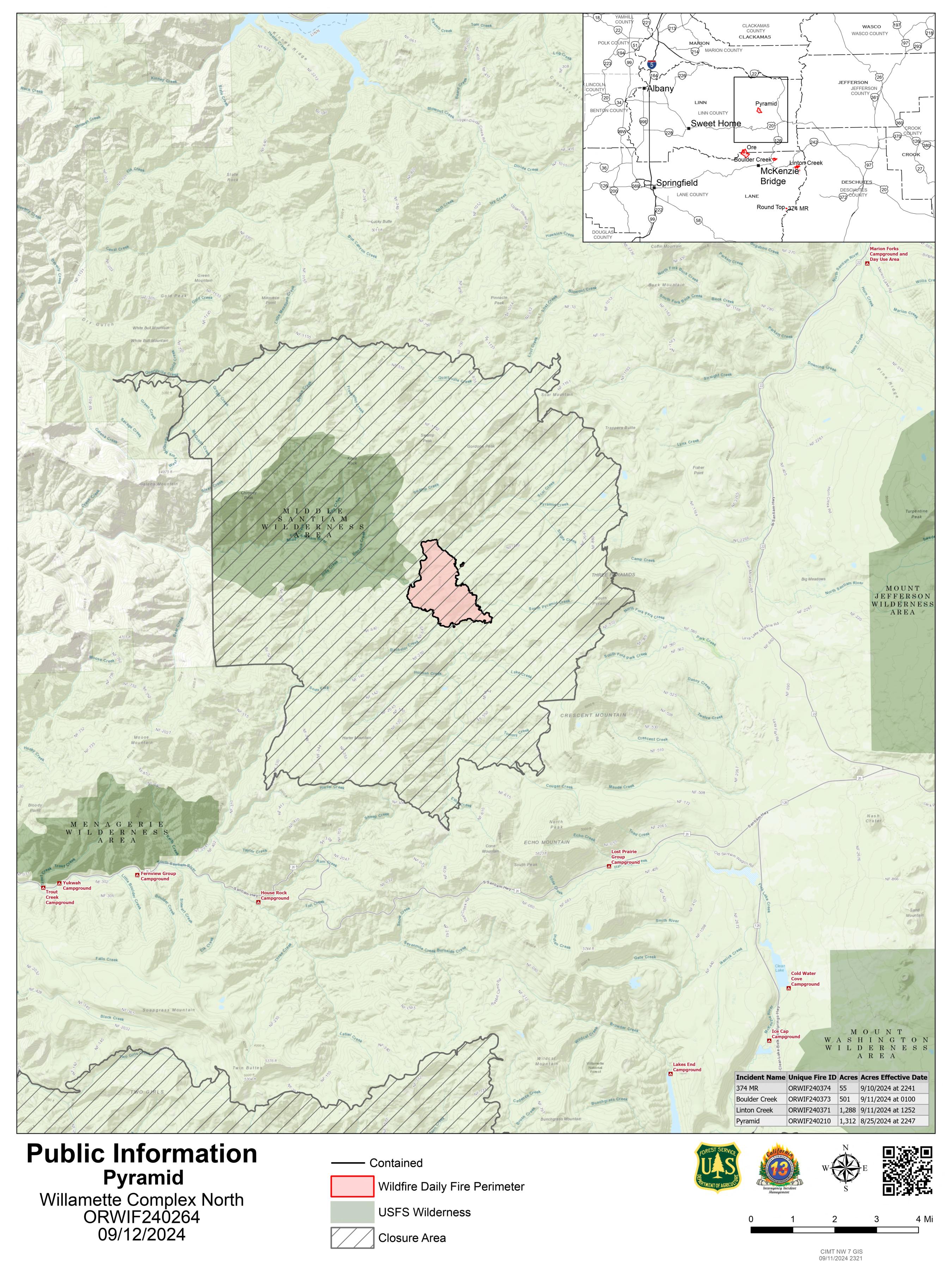 Willamette Complex North - Pyramid Fire Public Information Map, September 12, 2024.