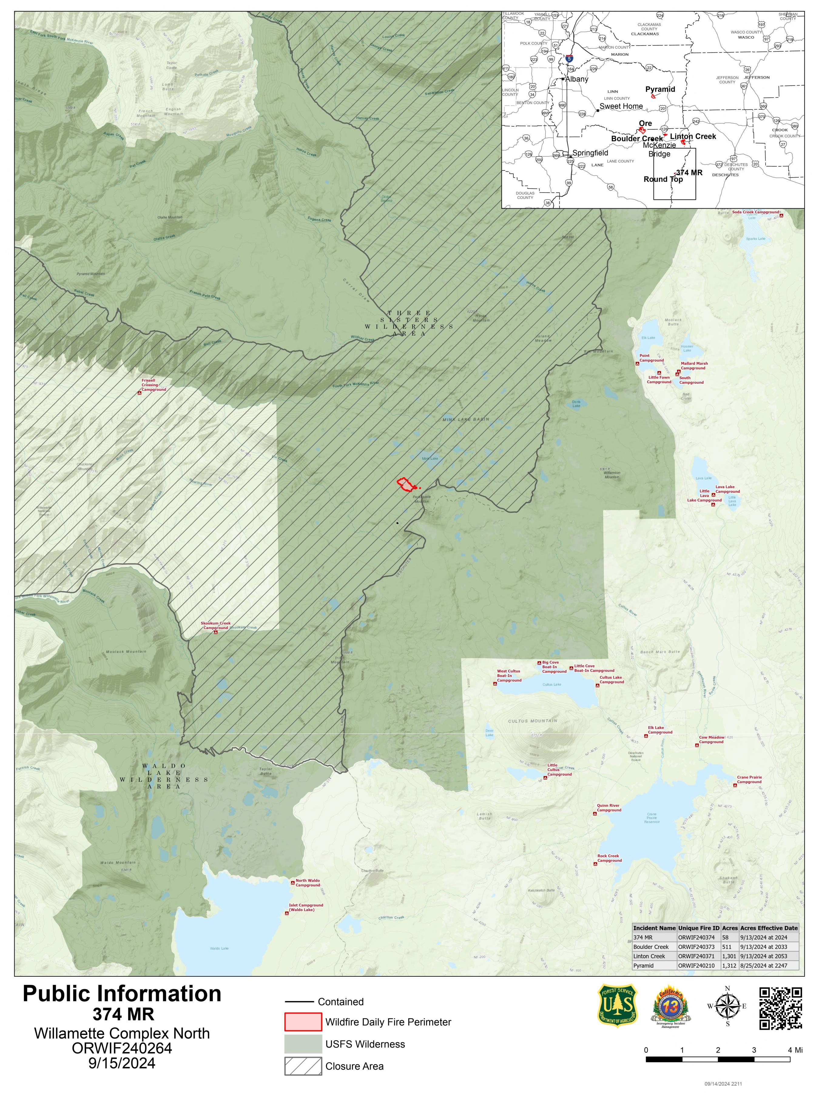 Willamette Complex North - 374 Fire Public Information Map 9/15/2024