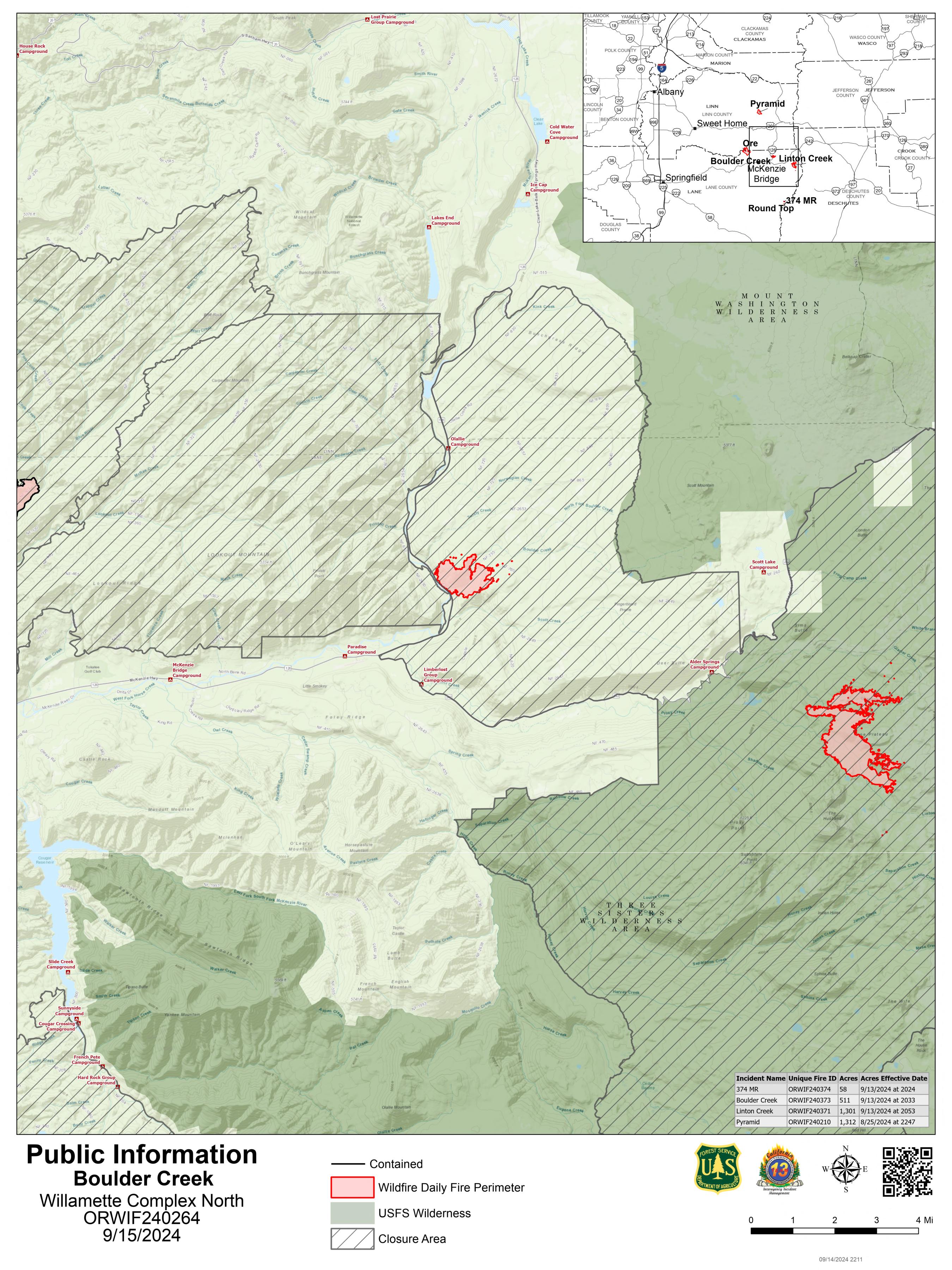 Willamette Complex North - Boulder Creek Fire Public Information Map 9/15/2024