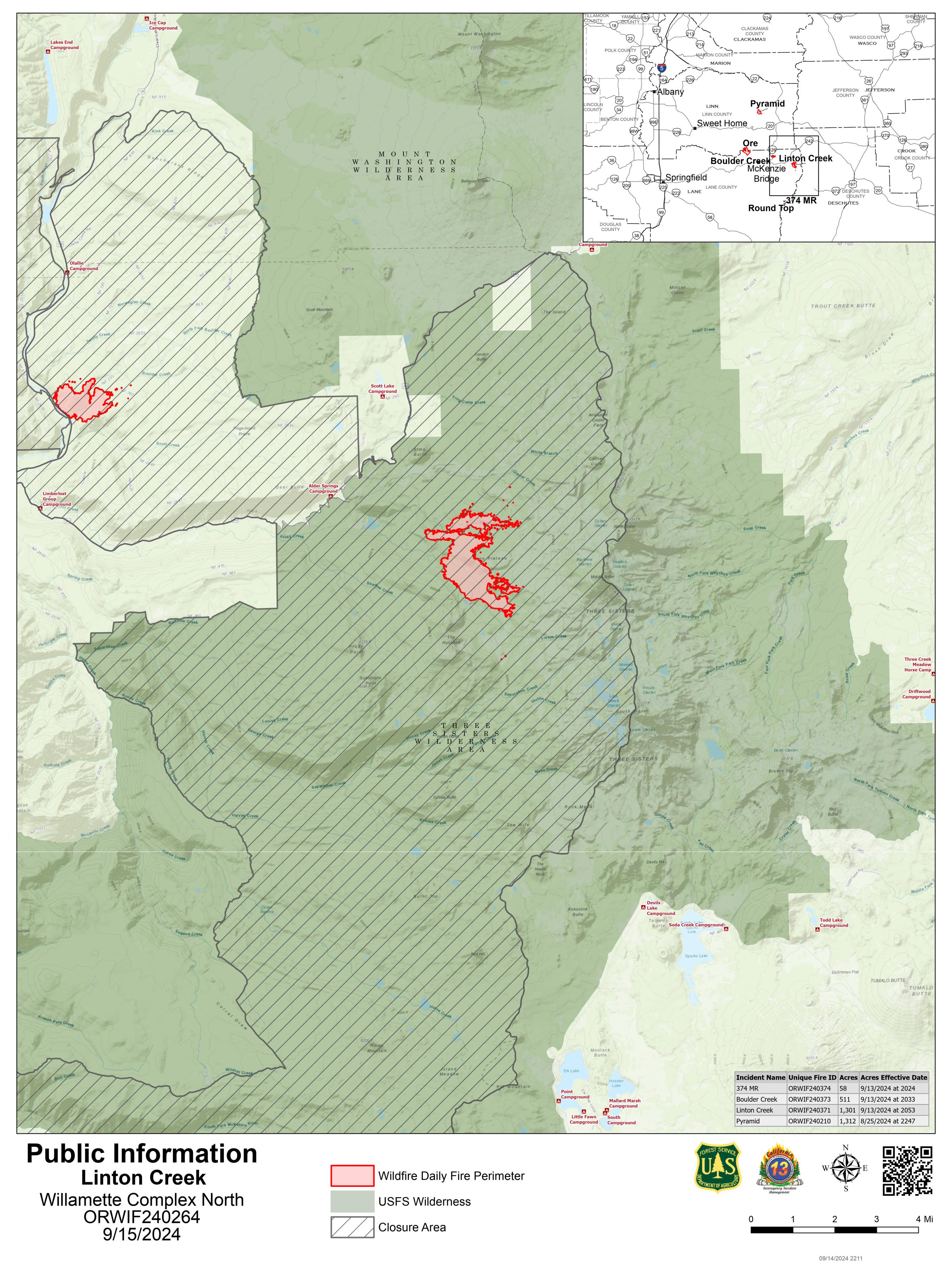 Willamette Complex North - Linton Creek Fire Public Information Map 9/15/2024