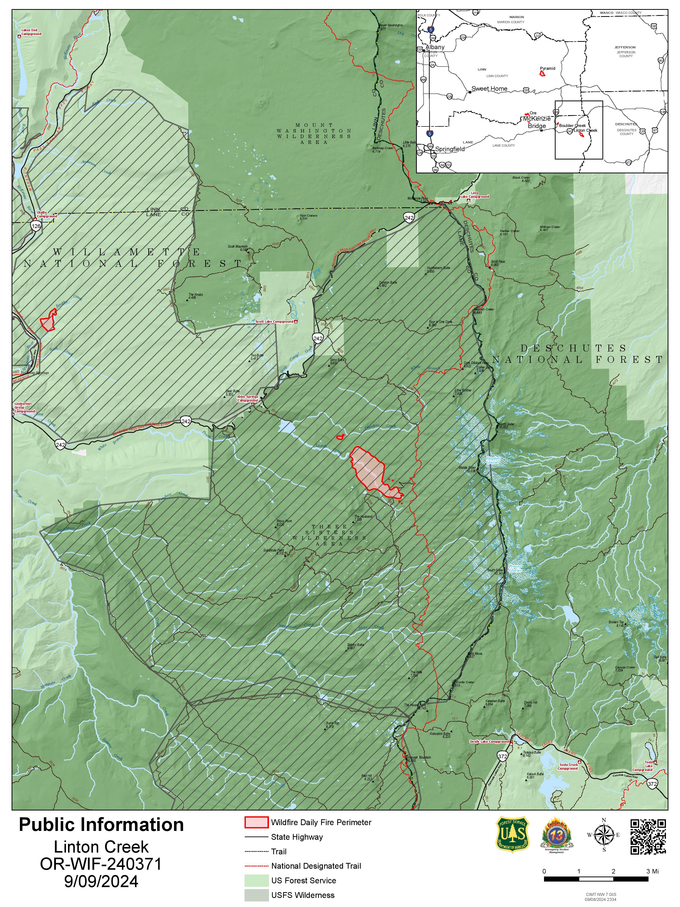 Willamette Complex North - Linton Creek Fire Public Information Map September 9, 2024.