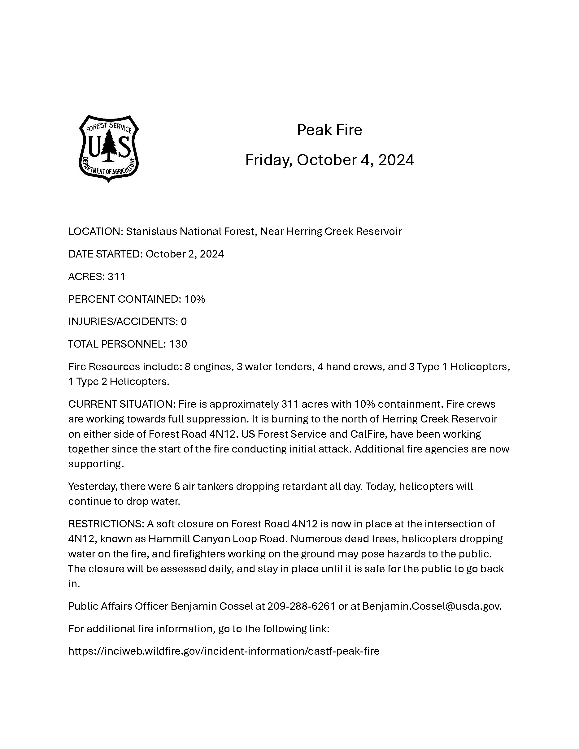 

						Peak Fire News Release Friday, October 4, 2024
			