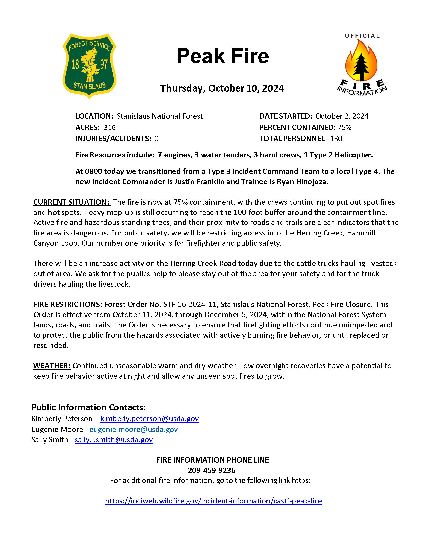 

						Peak Fire News Release October 10, 2024
			