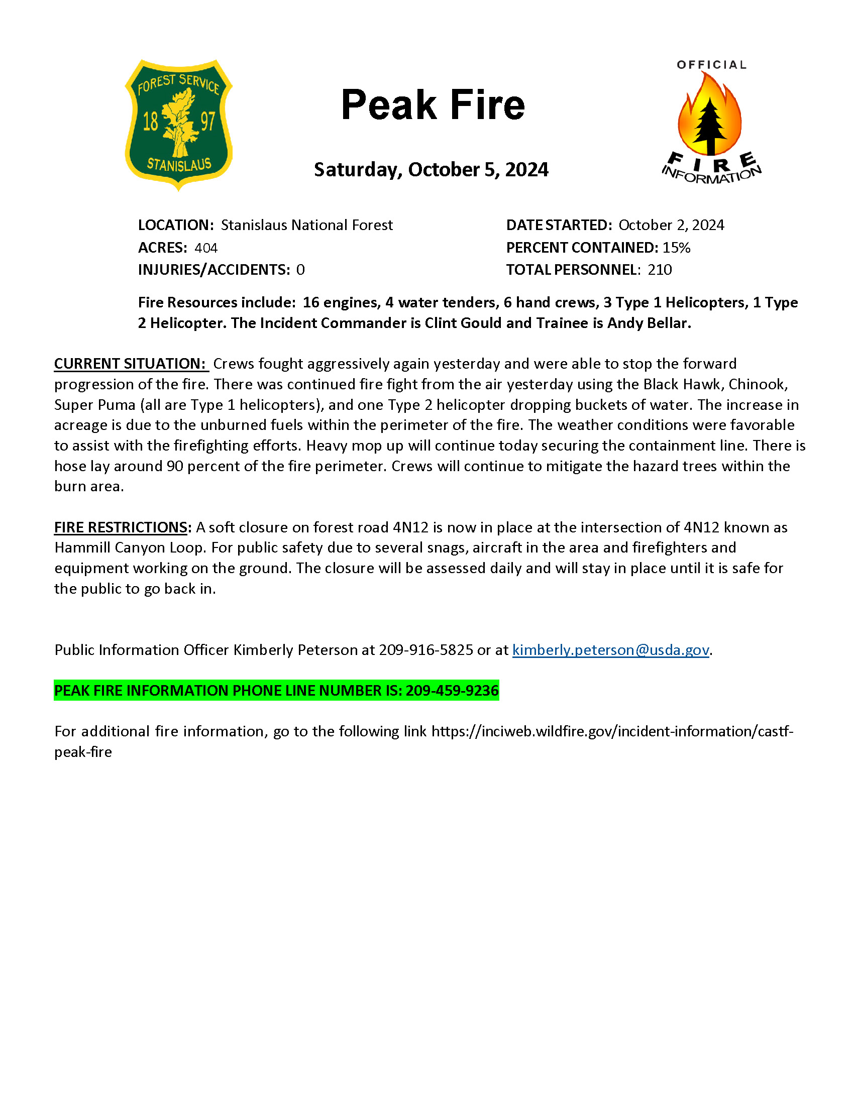 

						Peak Fire News Release Update October 5, 2024
			