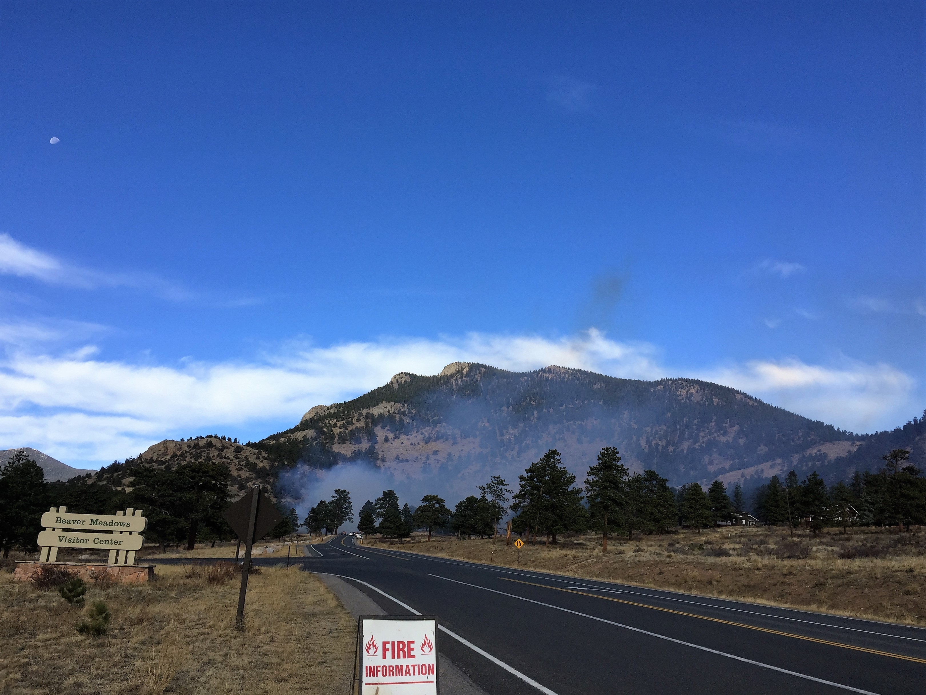 

						Smoke near the Beaver Meadows Visitor Center from the 2018 Beaver Meadows Prescribed Fire
			