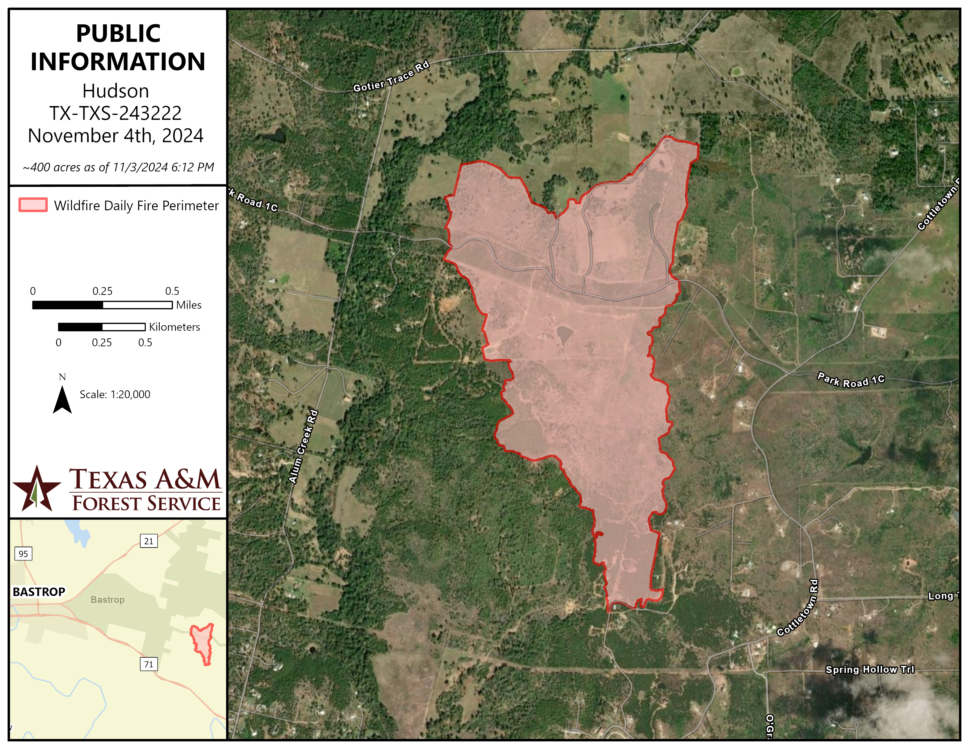 

						Public Information Map of the Hudson Fire in Bastrop County as of Nov. 4, 2024
			