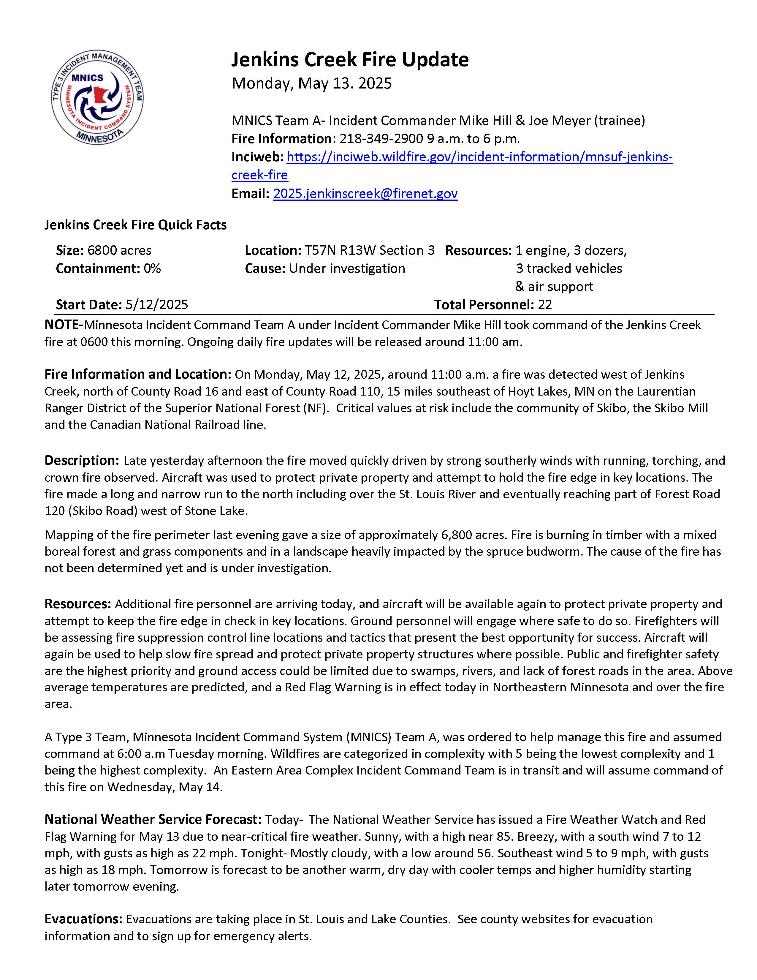 







						Jenkins Creek Fire Update for May 13, 2025
			


