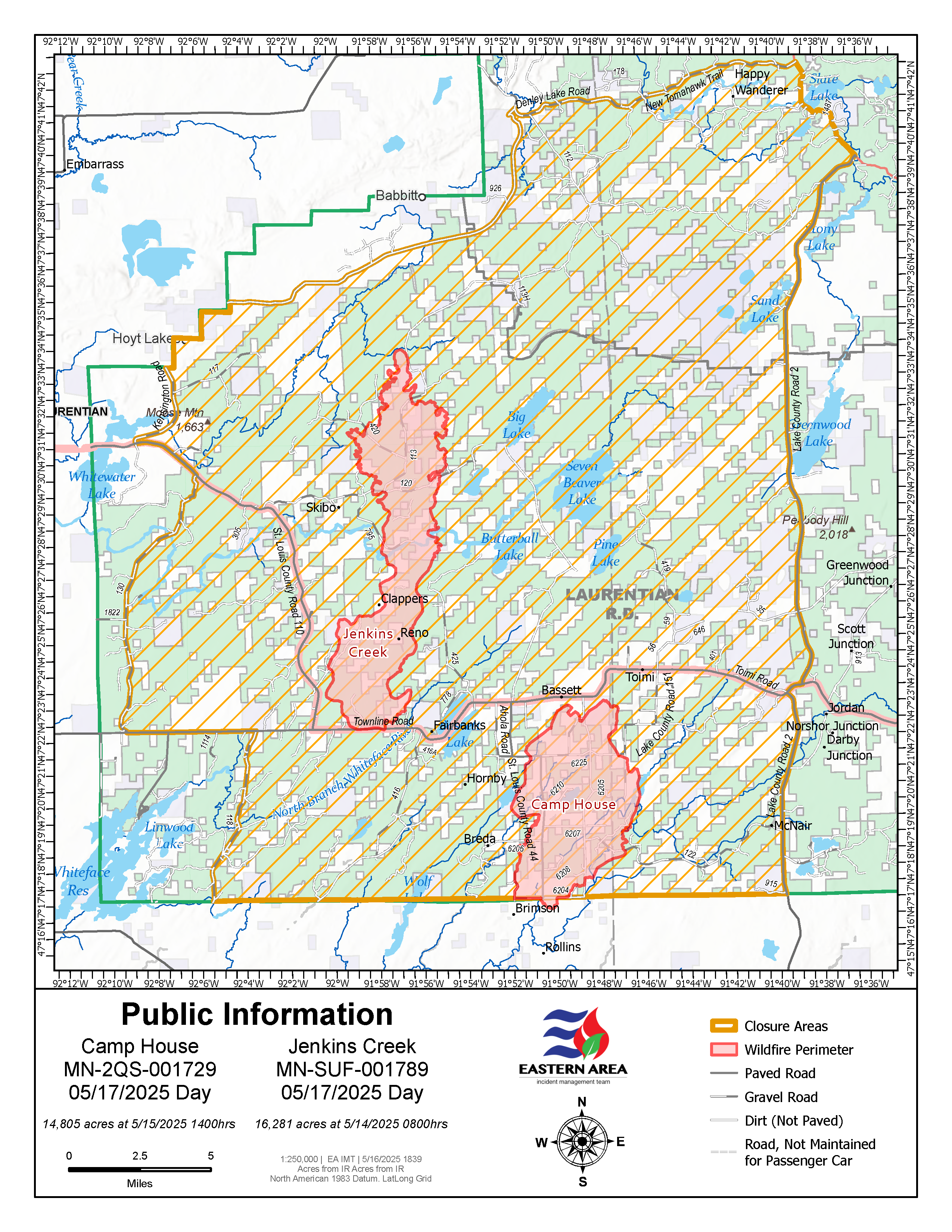 Camp House &amp; Jenkins Creek Fires Public Information Map - May 17, 2025 