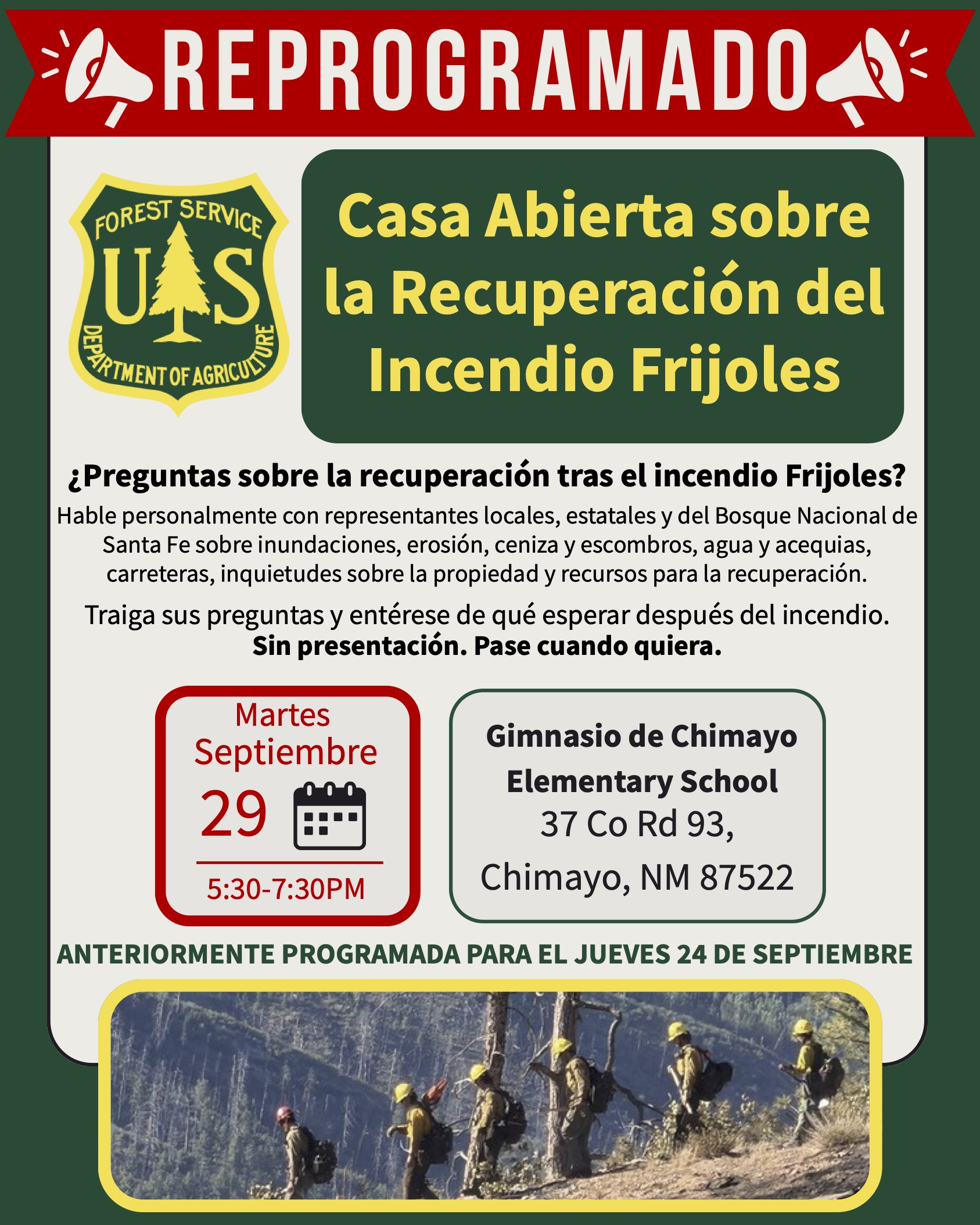 Reprogramado Casa Abierta sobre la Recuperación del Incendio Frijoles