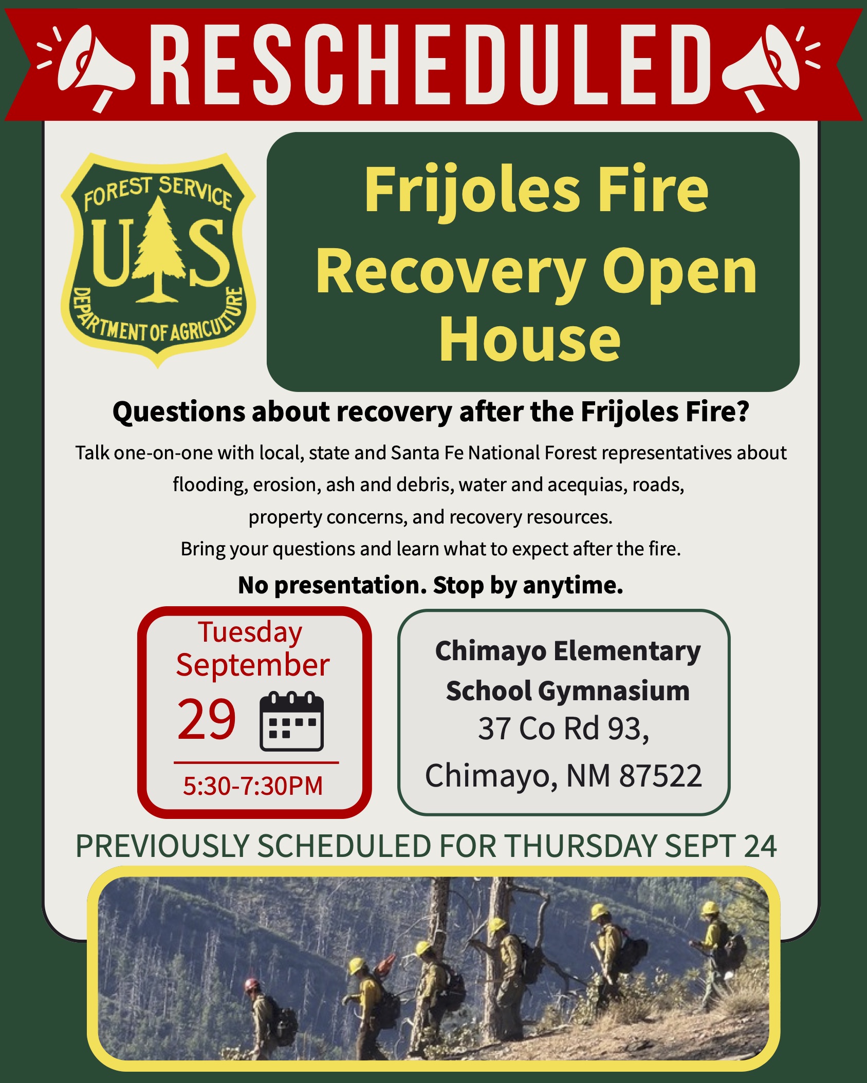 Frijoles Fire Recovery Open House ReScheduled for Tuesday, September 29